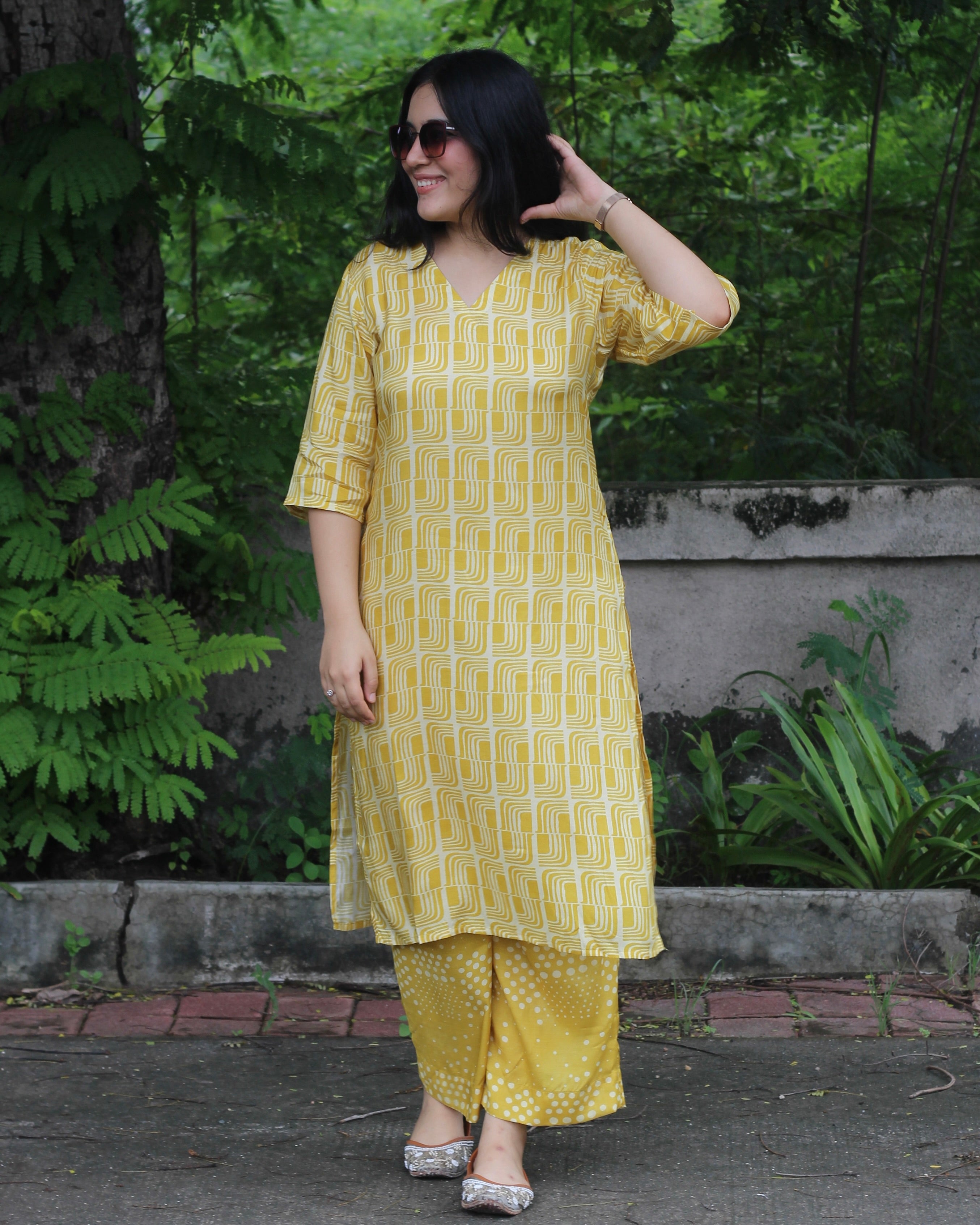 Yellow Printed Pure Muslin Kurta Pant Set - Light and Breezy Ethnic Wear with Unique abstract print