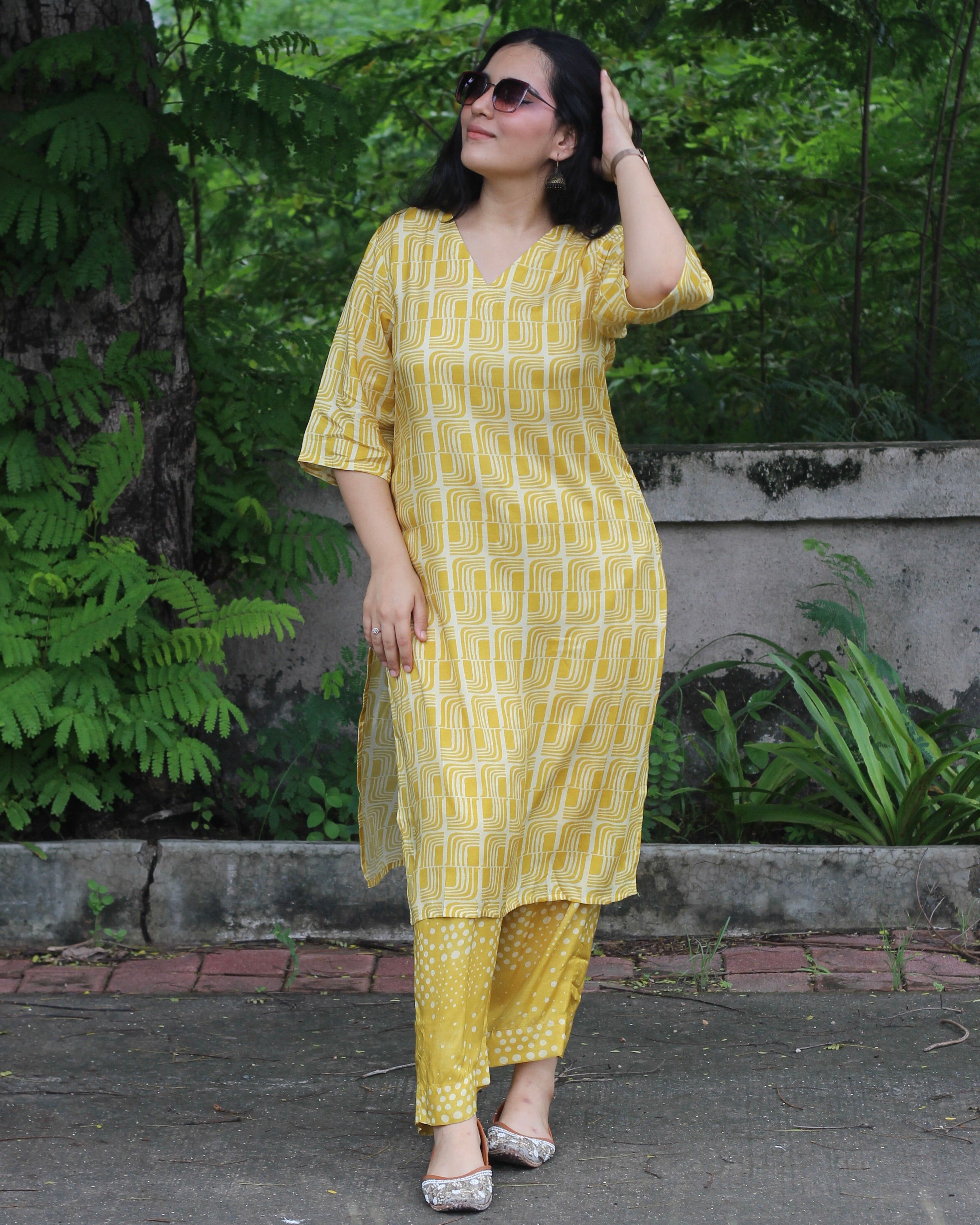 Yellow Printed Pure Muslin Kurta Pant Set - Light and Breezy Ethnic Wear with Unique abstract print