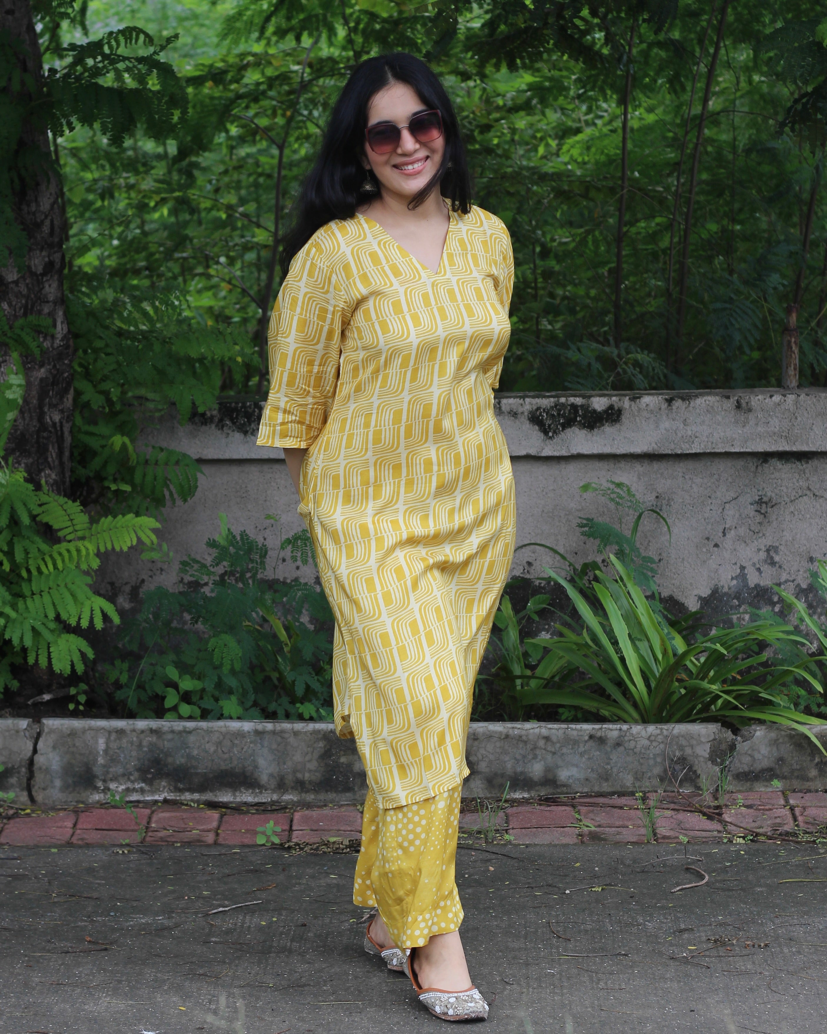 Yellow Printed Pure Muslin Kurta Pant Set - Light and Breezy Ethnic Wear with Unique abstract print