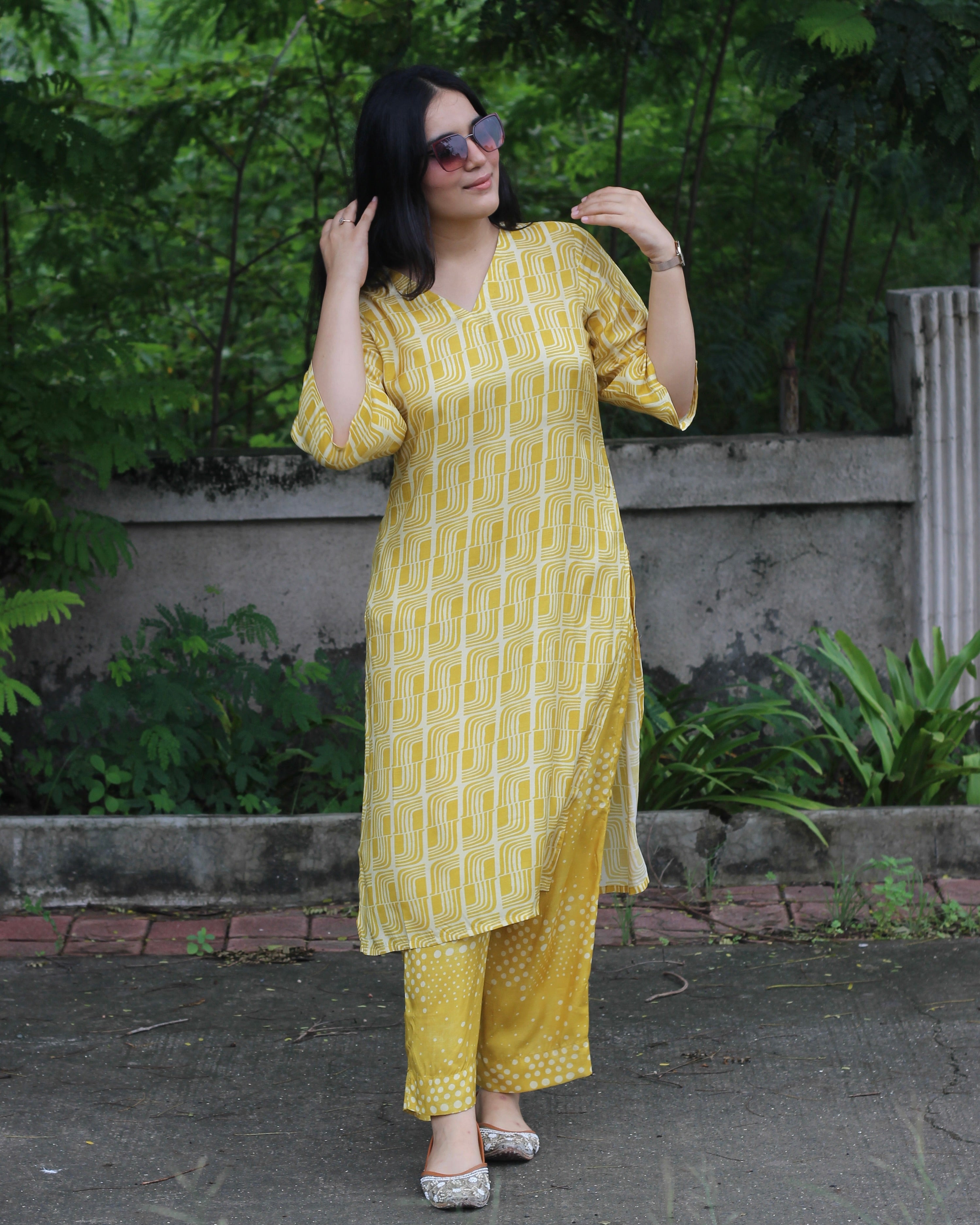 Yellow Printed Pure Muslin Kurta Pant Set - Light and Breezy Ethnic Wear with Unique abstract print