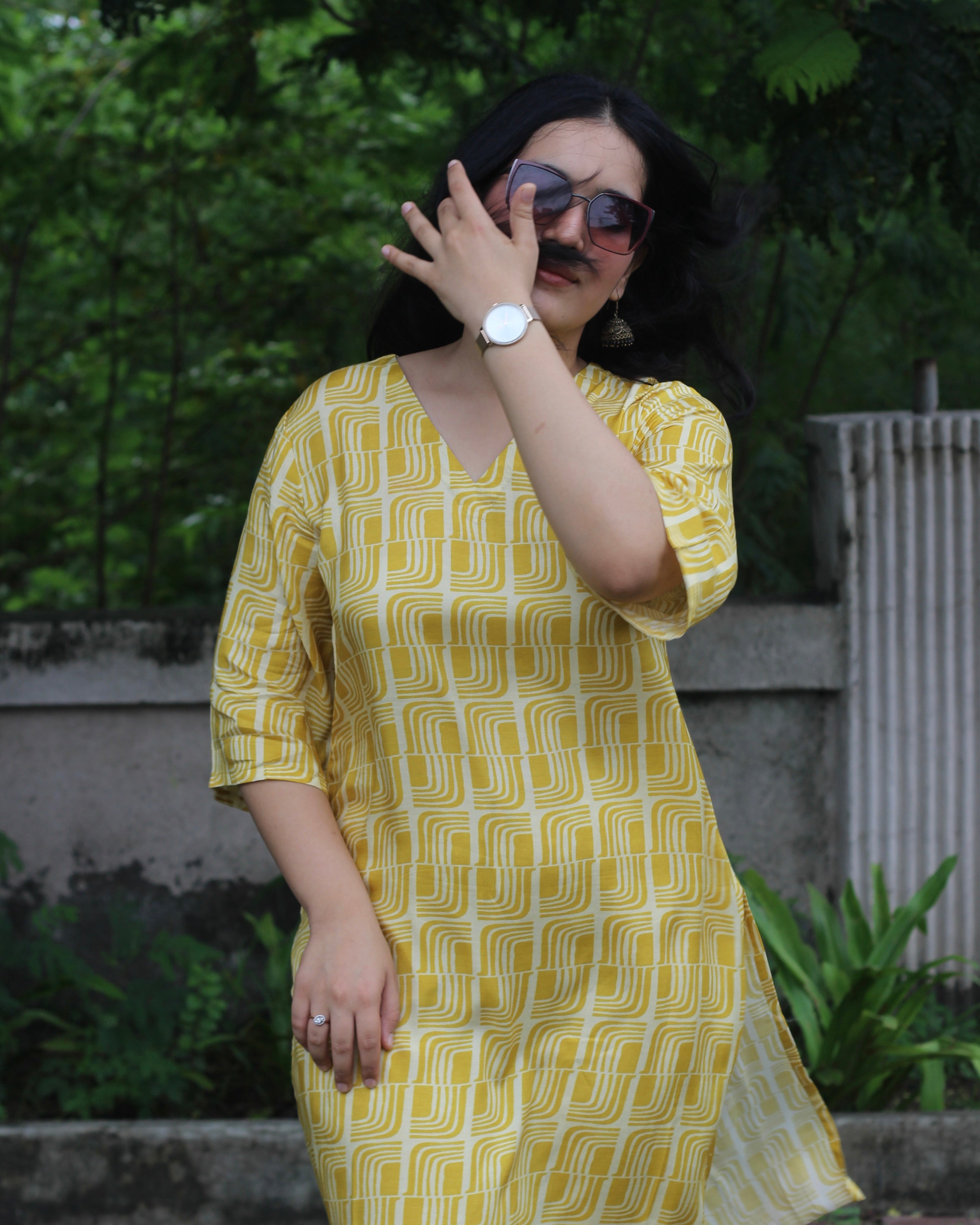 Yellow Printed Pure Muslin Kurta Pant Set - Light and Breezy Ethnic Wear with Unique abstract print