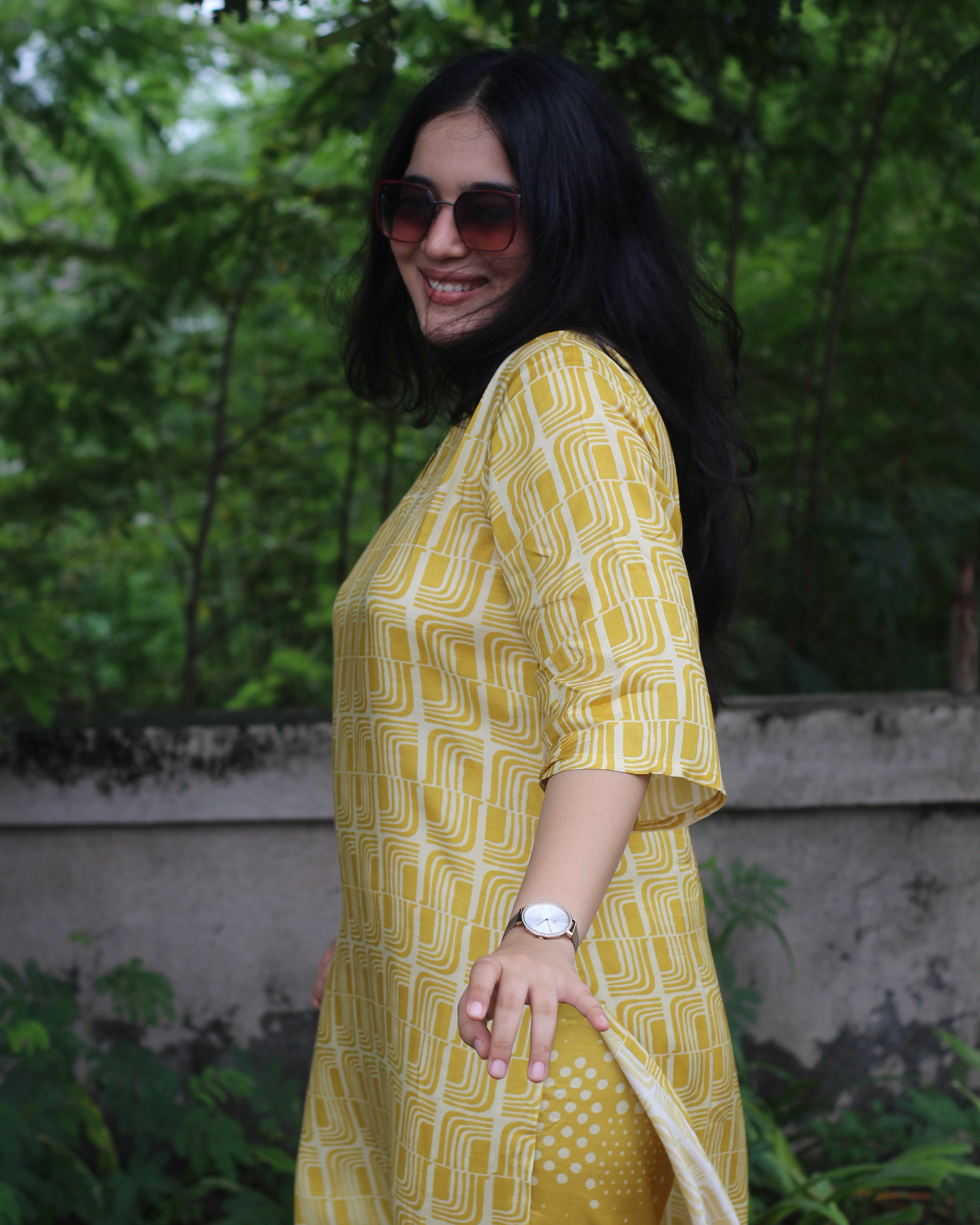Yellow Printed Pure Muslin Kurta Pant Set - Light and Breezy Ethnic Wear with Unique abstract print