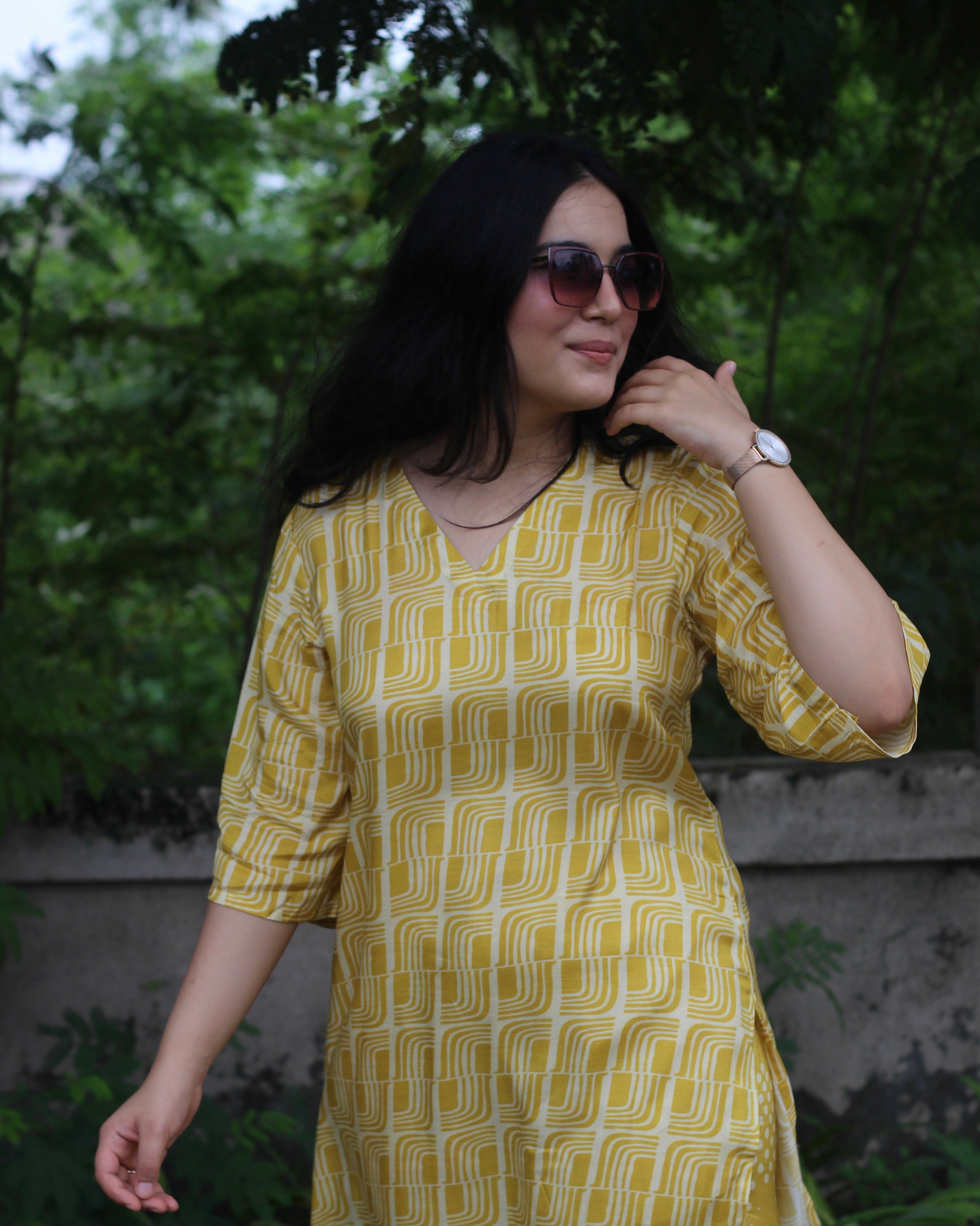 Yellow Printed Pure Muslin Kurta Pant Set - Light and Breezy Ethnic Wear with Unique abstract print