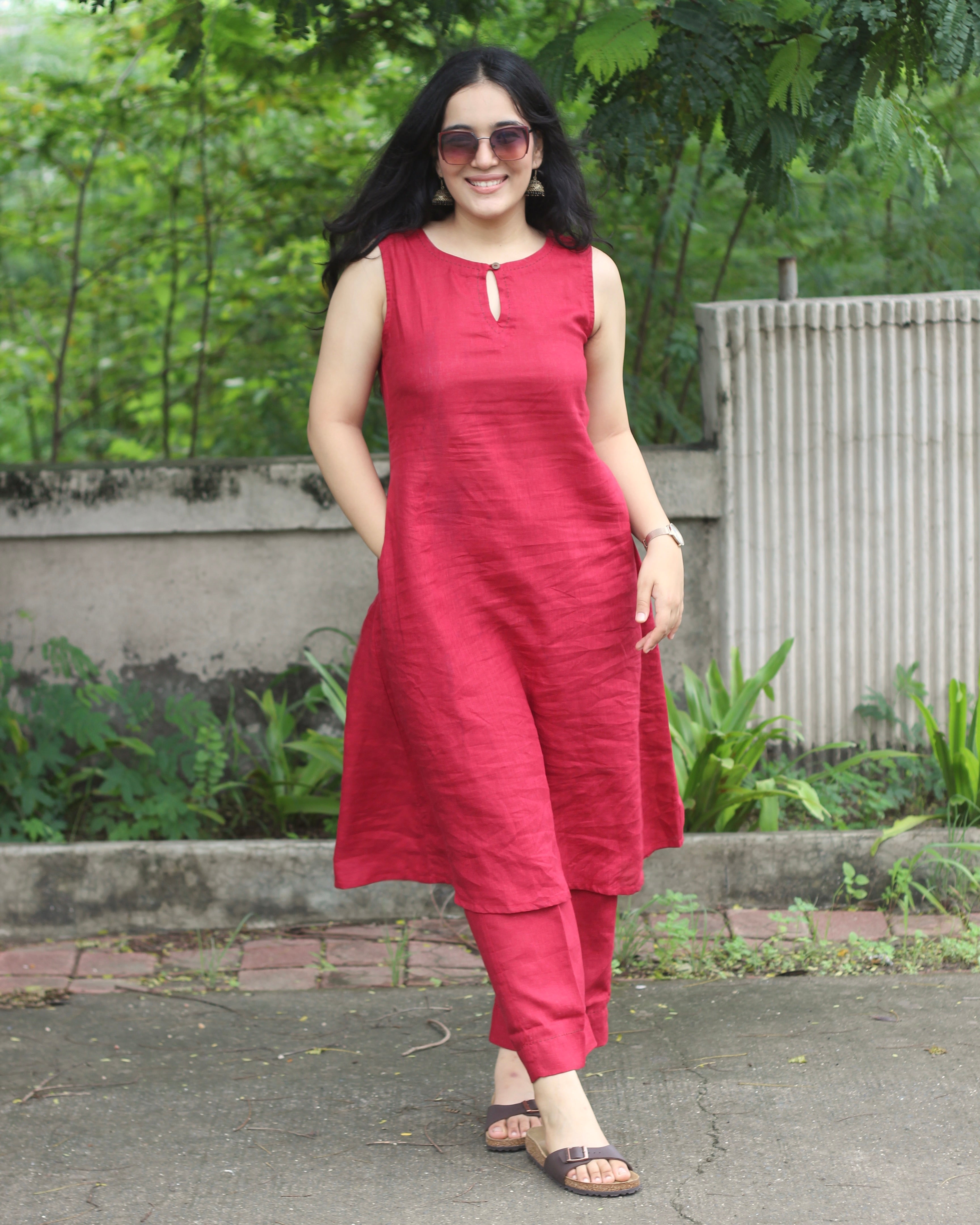 Premium Linen Cherry Red Classic Kurta Set - Sleeveless Kurta with Loop Round Neck, Side Pockets, and Comfortable Pants