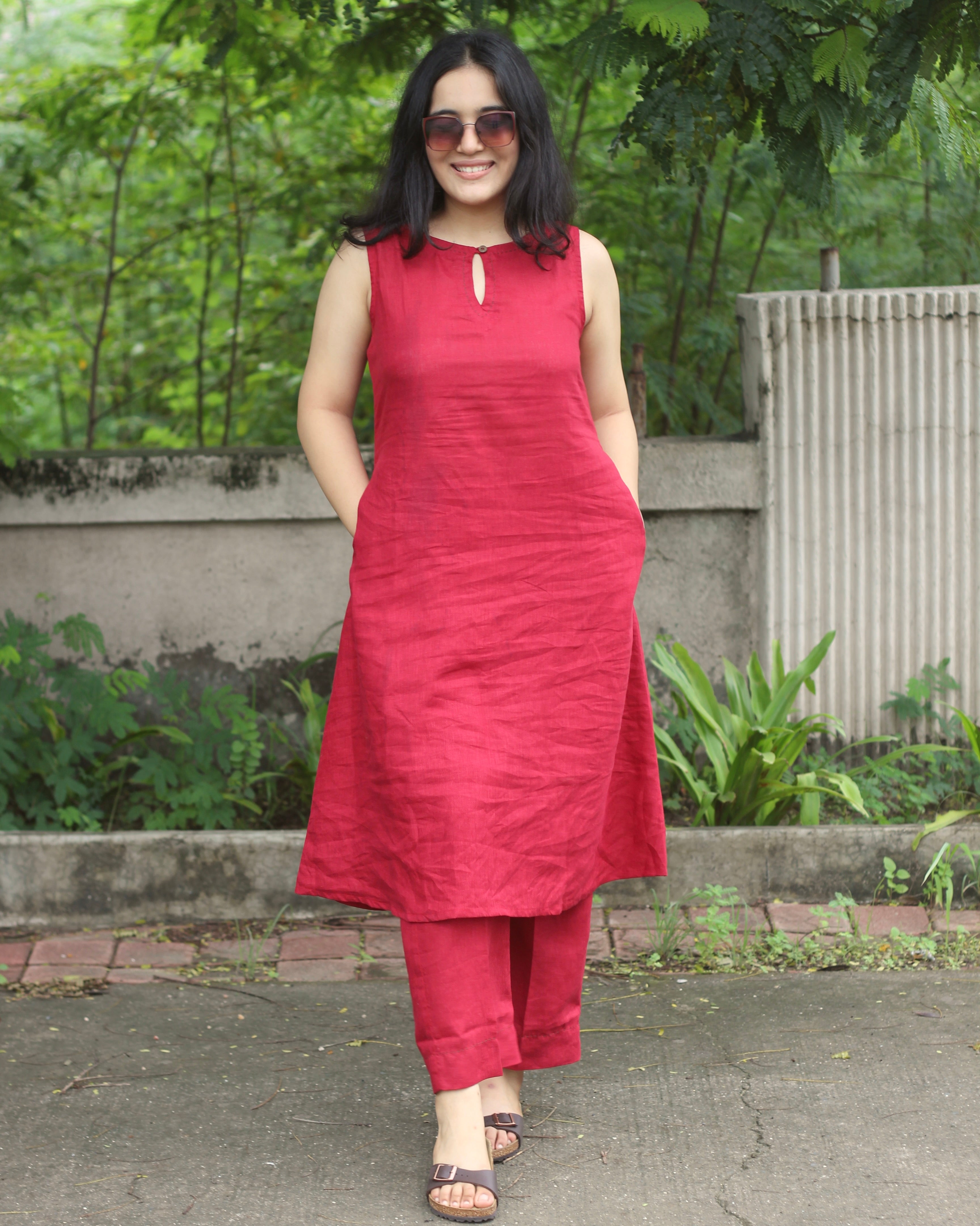 Premium Linen Cherry Red Classic Kurta Set - Sleeveless Kurta with Loop Round Neck, Side Pockets, and Comfortable Pants