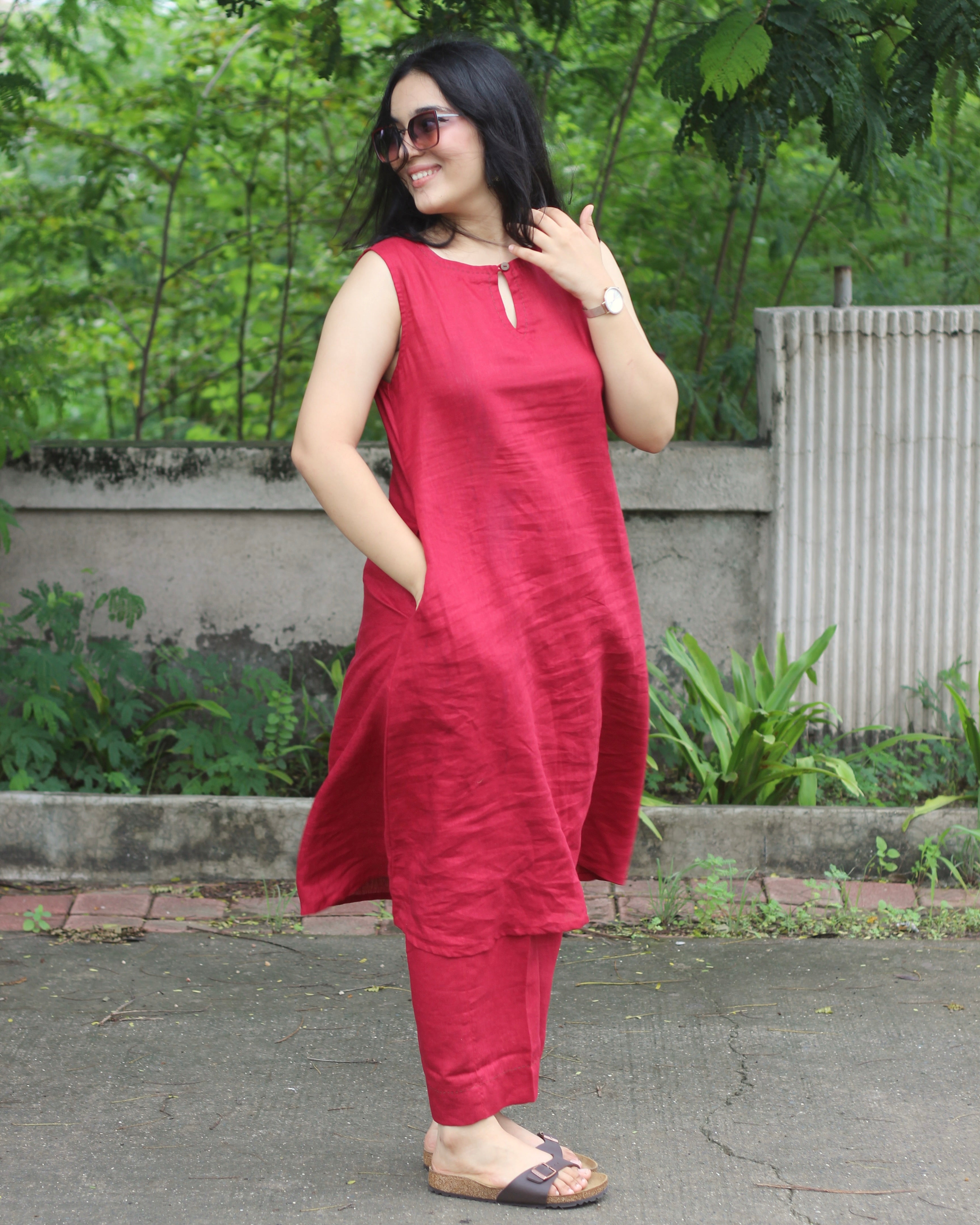 Premium Linen Cherry Red Classic Kurta Set - Sleeveless Kurta with Loop Round Neck, Side Pockets, and Comfortable Pants