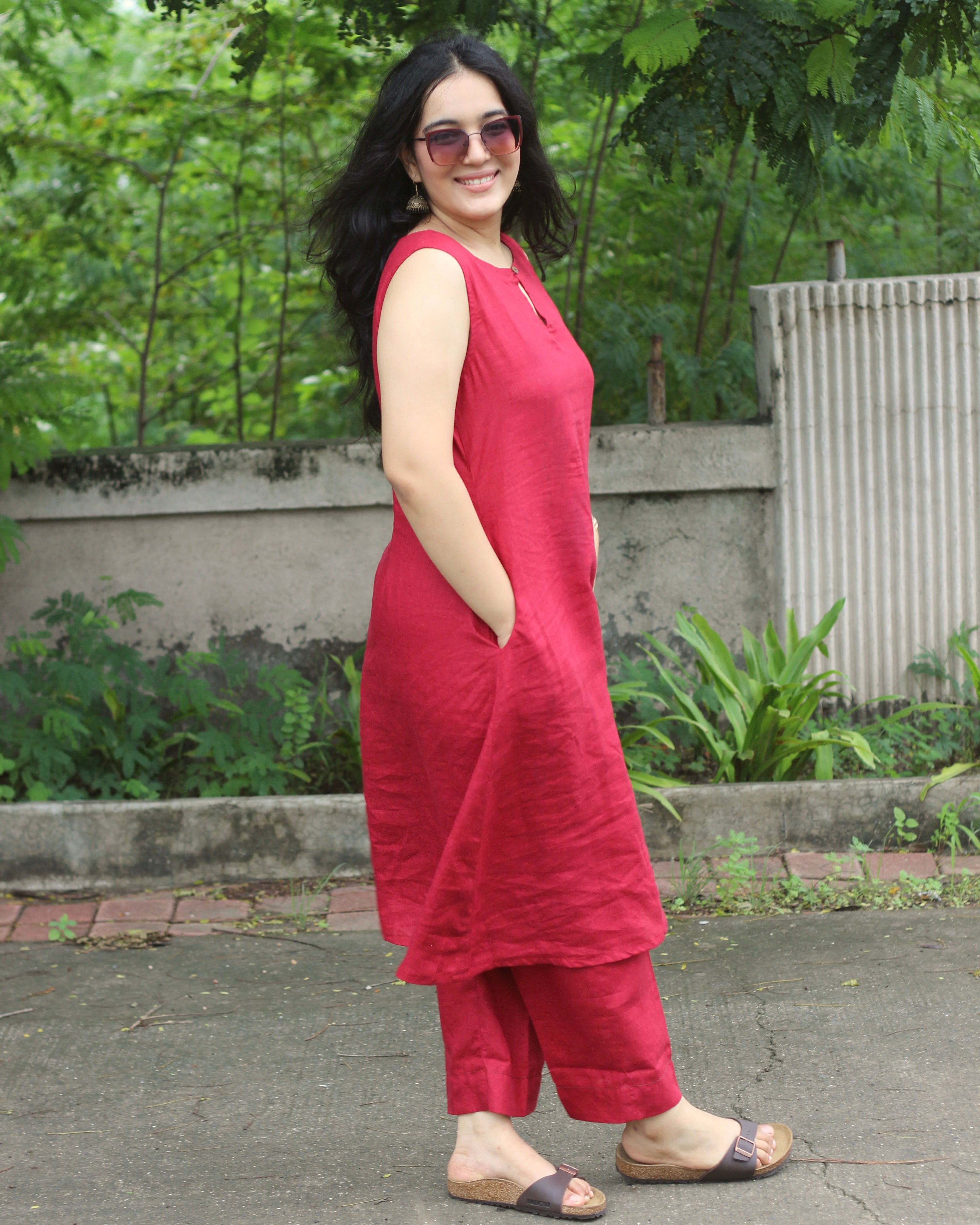 Premium Linen Cherry Red Classic Kurta Set - Sleeveless Kurta with Loop Round Neck, Side Pockets, and Comfortable Pants
