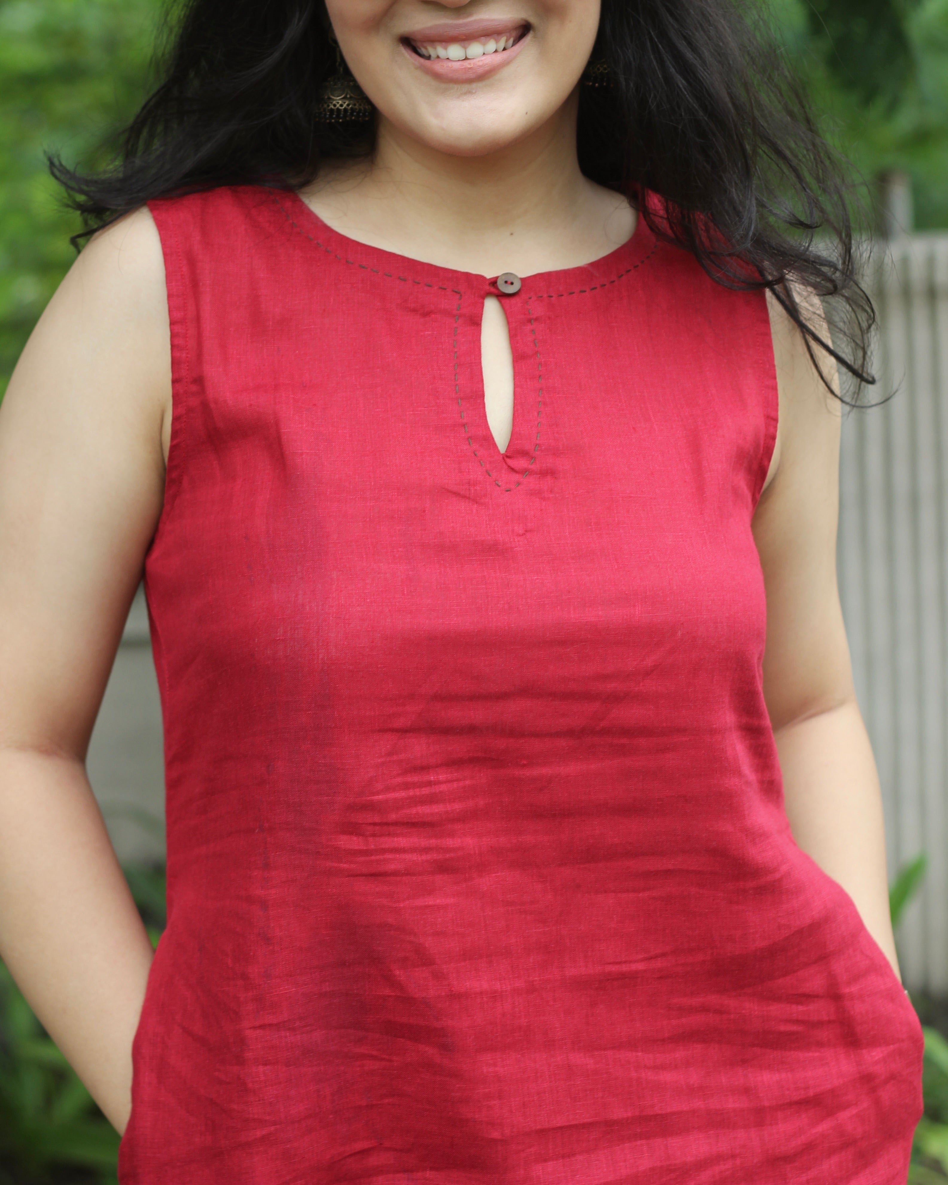 Premium Linen Cherry Red Classic Kurta Set - Sleeveless Kurta with Loop Round Neck, Side Pockets, and Comfortable Pants