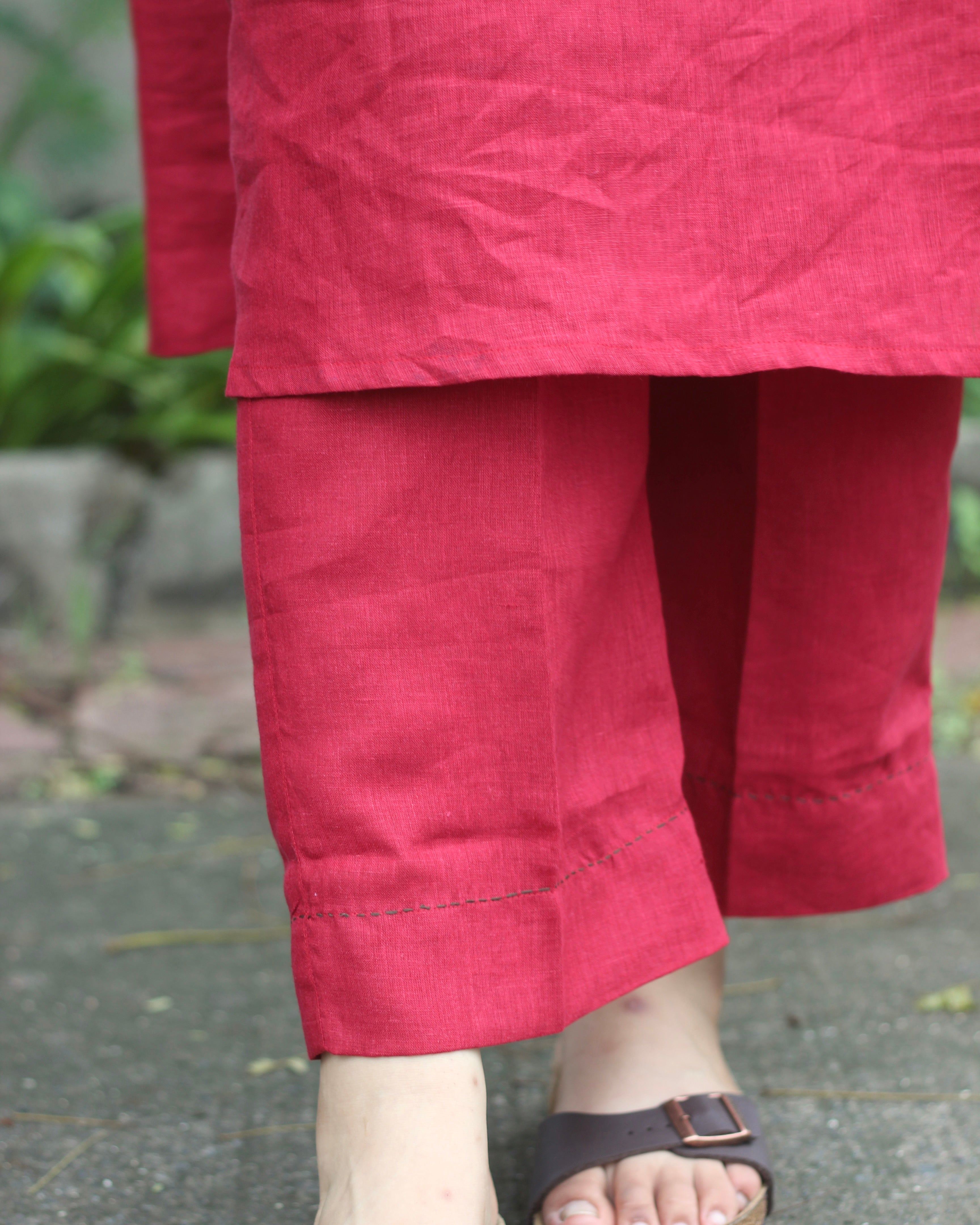 Premium Linen Cherry Red Classic Kurta Set - Sleeveless Kurta with Loop Round Neck, Side Pockets, and Comfortable Pants