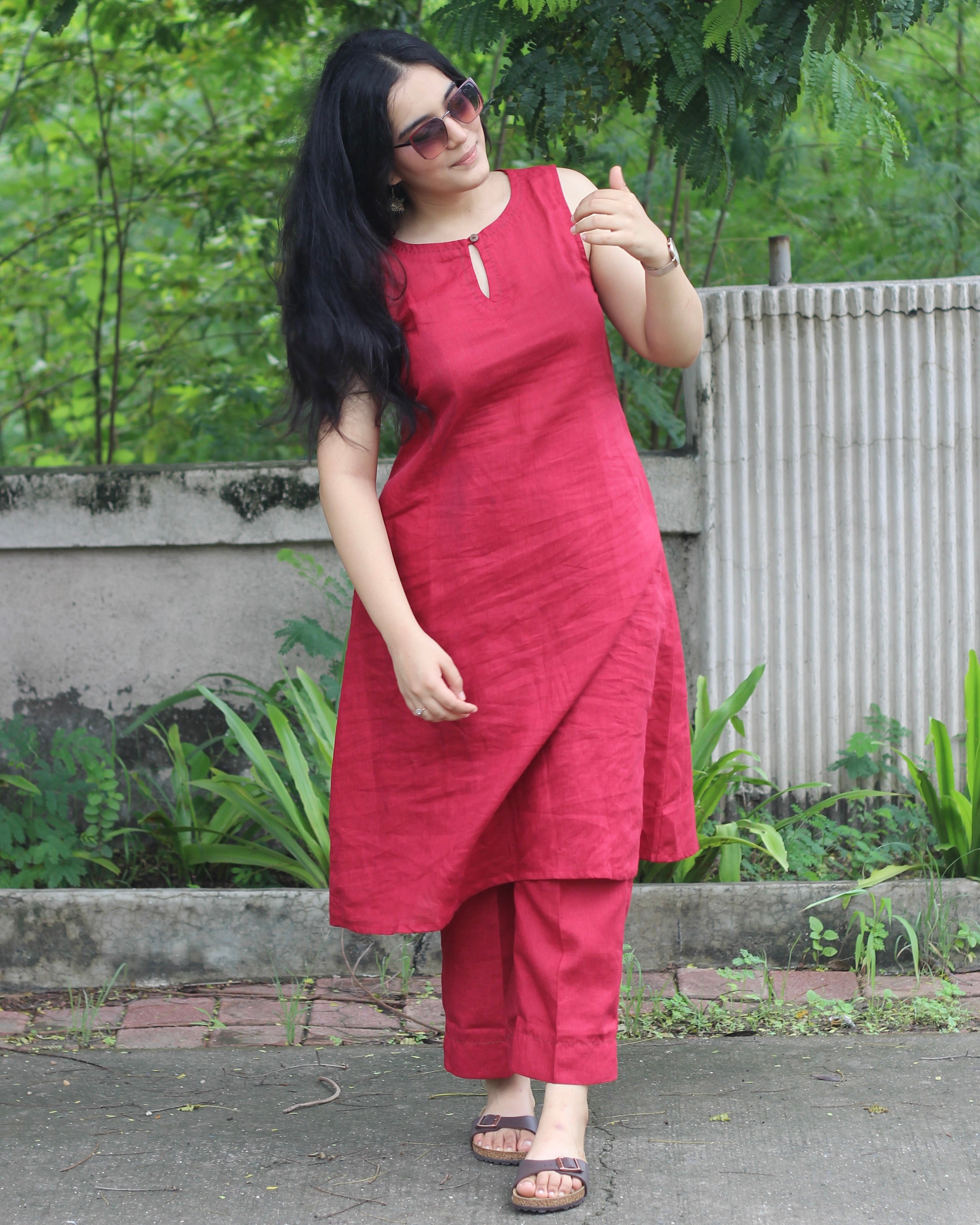 Premium Linen Cherry Red Classic Kurta Set - Sleeveless Kurta with Loop Round Neck, Side Pockets, and Comfortable Pants