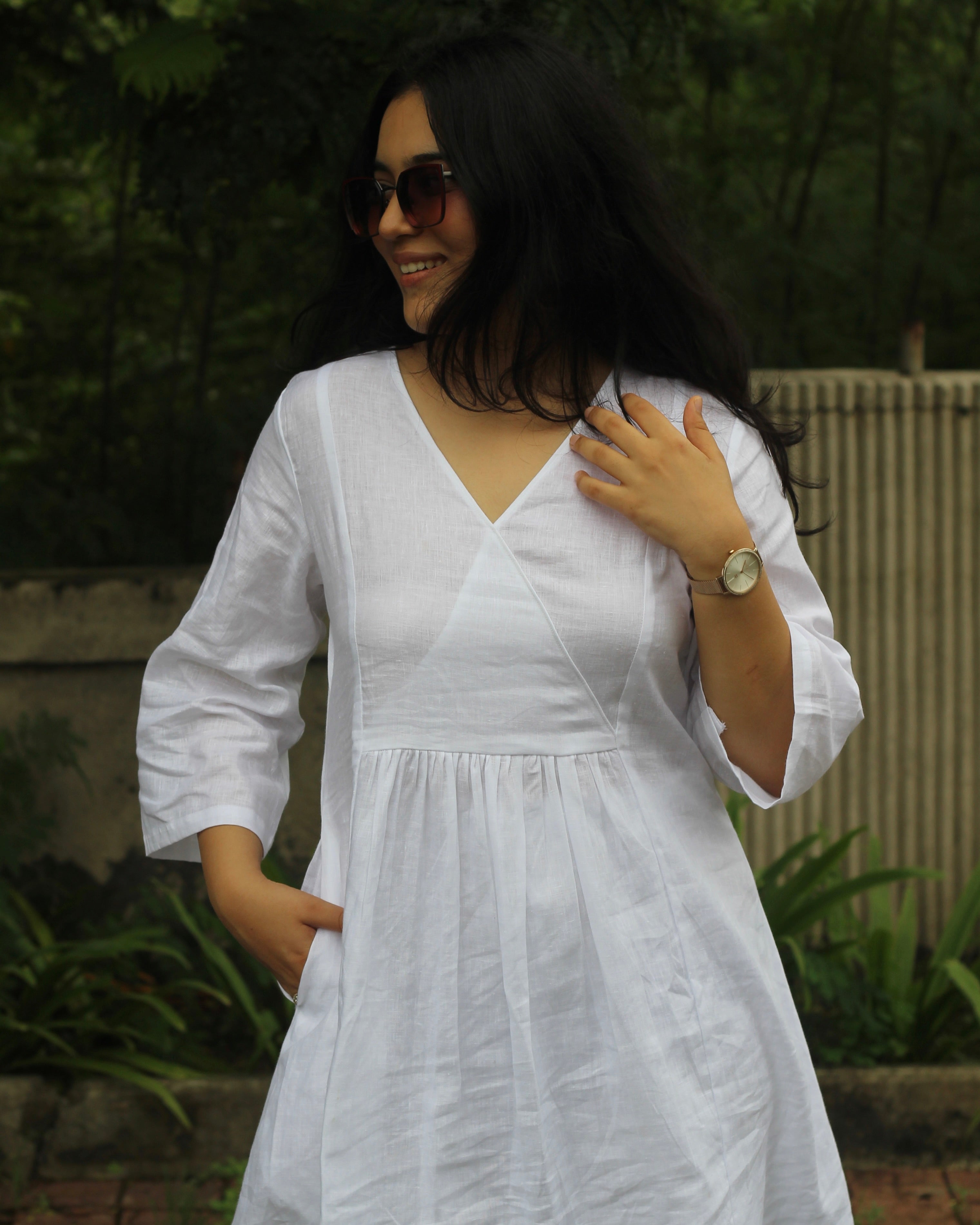 Premium Linen White Co-ord Set - Knee-Length Top with V-Neck, Pleats, 3/4 Sleeves, Pockets, and Comfortable Pants