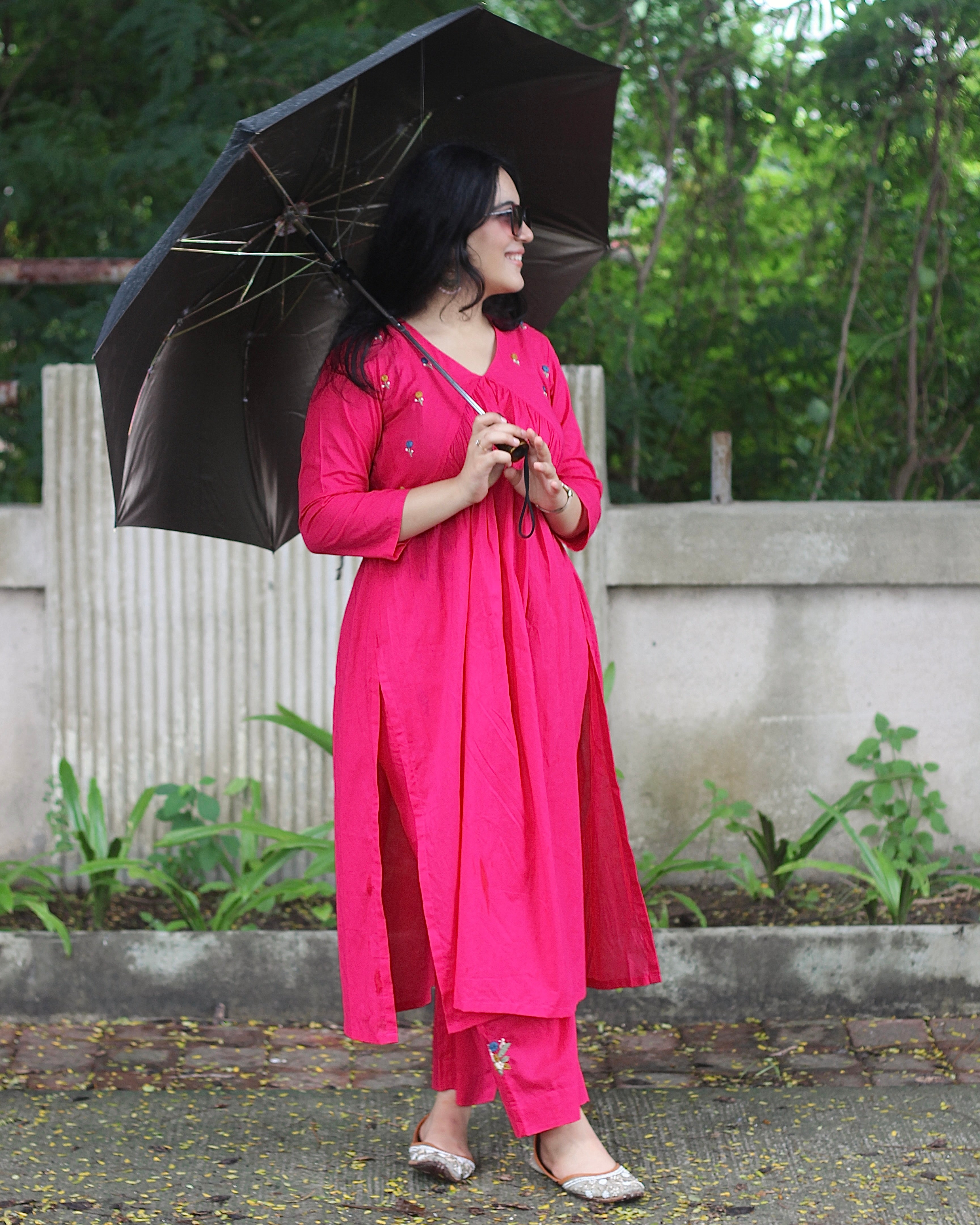 Exclusive Handworked Alia Cut Kurta Pant Set - Hot Pink and Lime Green, Pure Cambric Cotton, V-Neck Kurta with 3/4 Sleeves, Handwork Details, and Comfortable Pants with Pockets