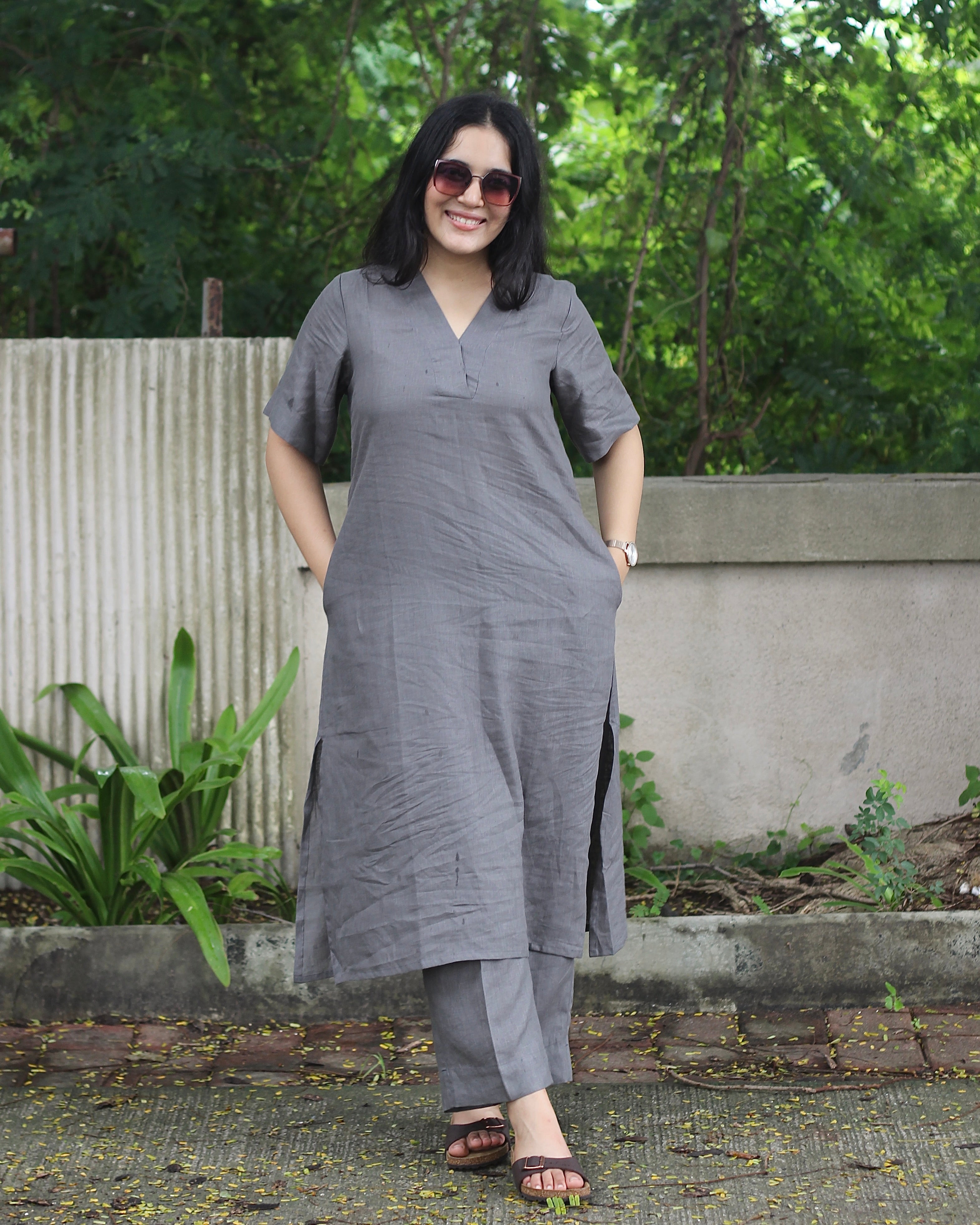 Premium Linen Charcoal Kurta Set - Classic V-Neck Kurta with Elbow-Length Sleeves, Long with Pockets, and Comfortable Pants