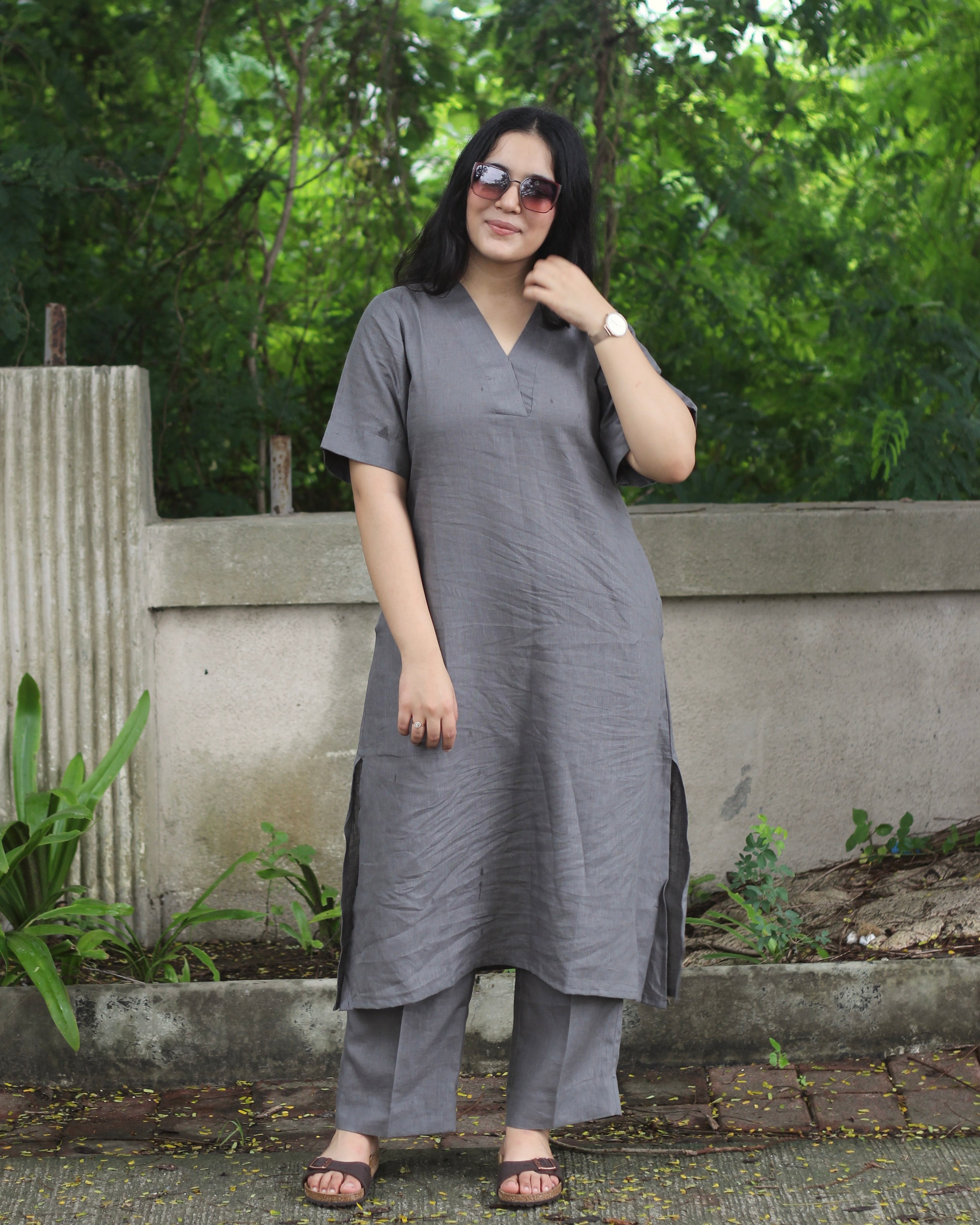 Premium Linen Charcoal Kurta Set - Classic V-Neck Kurta with Elbow-Length Sleeves, Long with Pockets, and Comfortable Pants