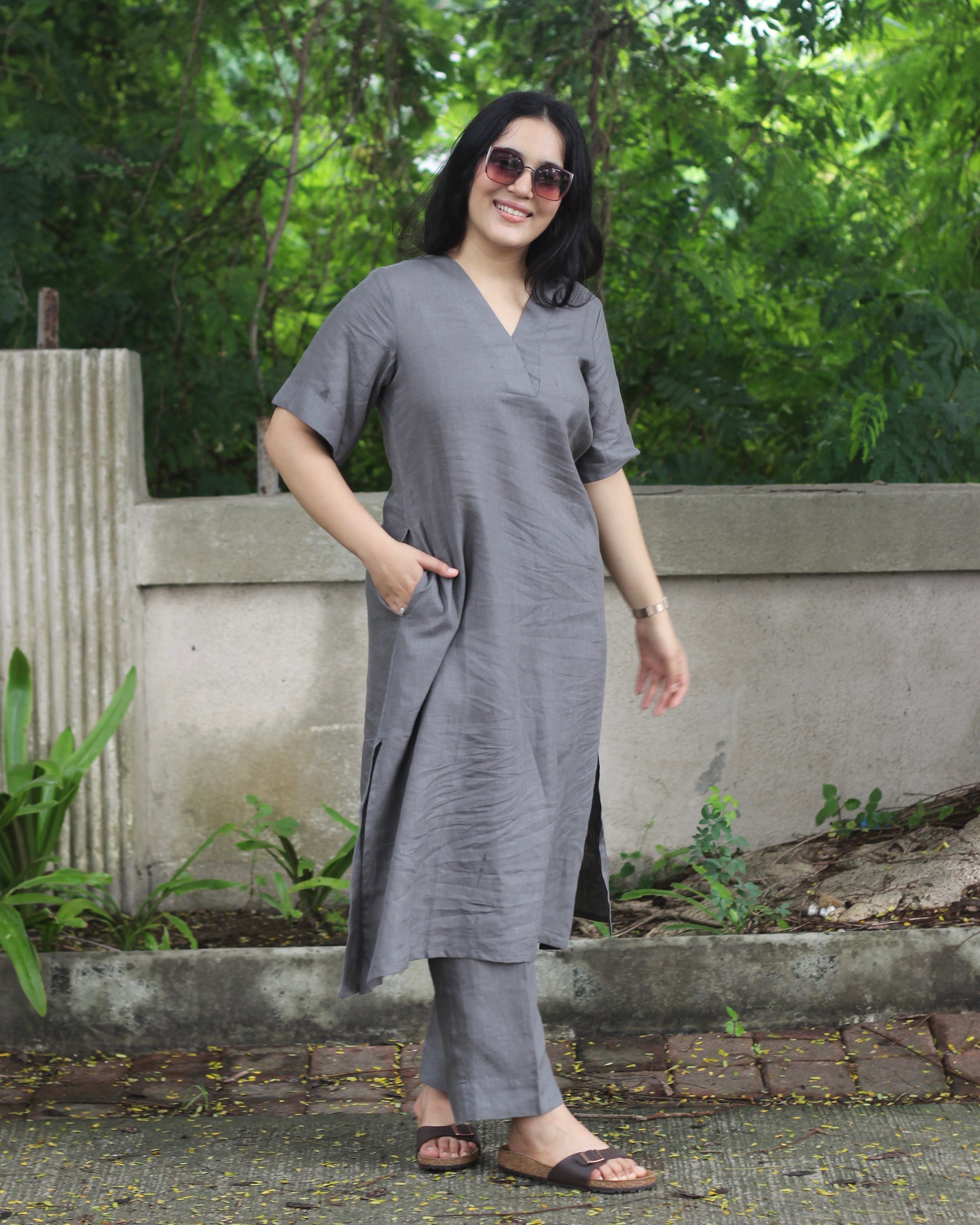 Premium Linen Charcoal Kurta Set - Classic V-Neck Kurta with Elbow-Length Sleeves, Long with Pockets, and Comfortable Pants