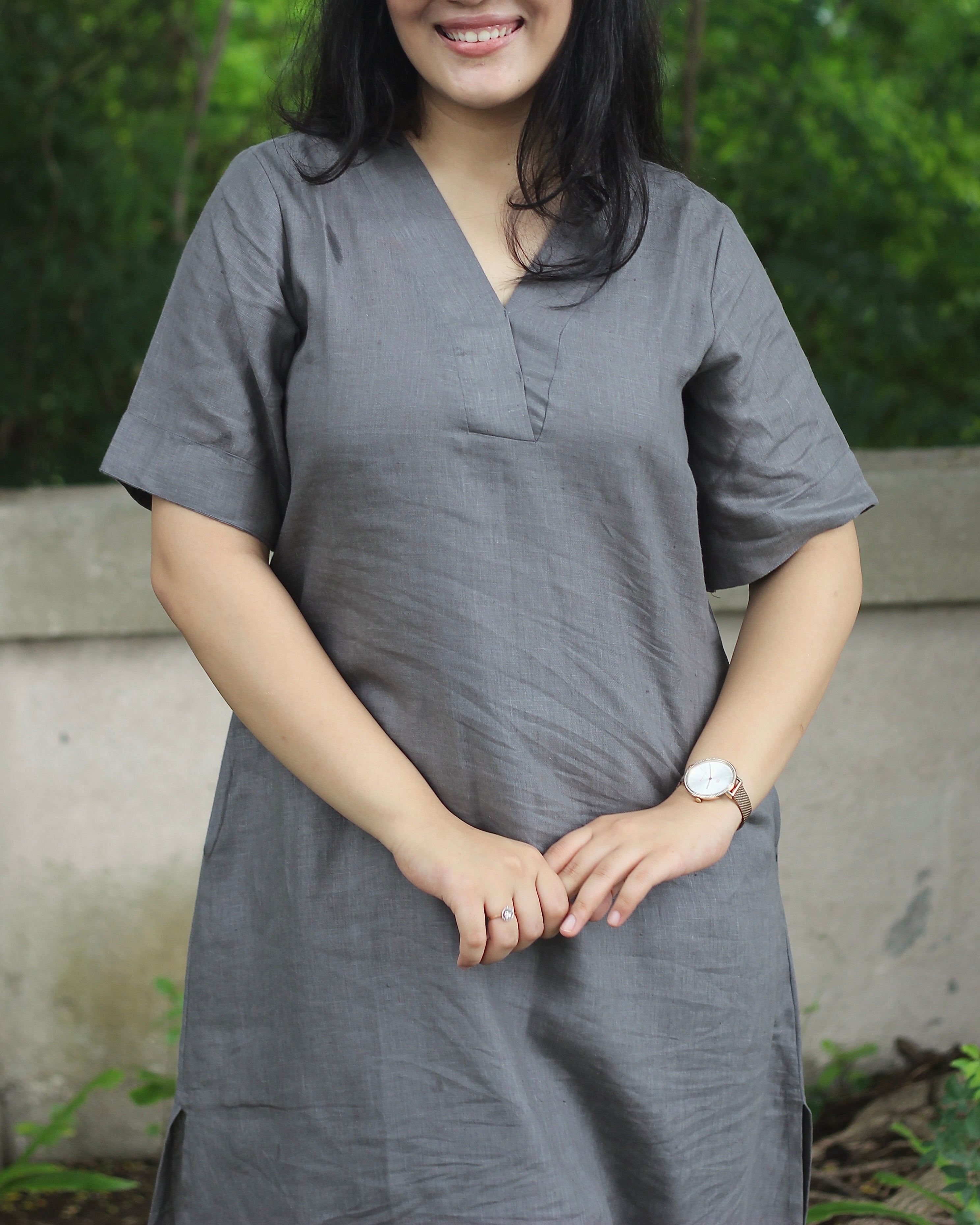 Premium Linen Charcoal Kurta Set - Classic V-Neck Kurta with Elbow-Length Sleeves, Long with Pockets, and Comfortable Pants