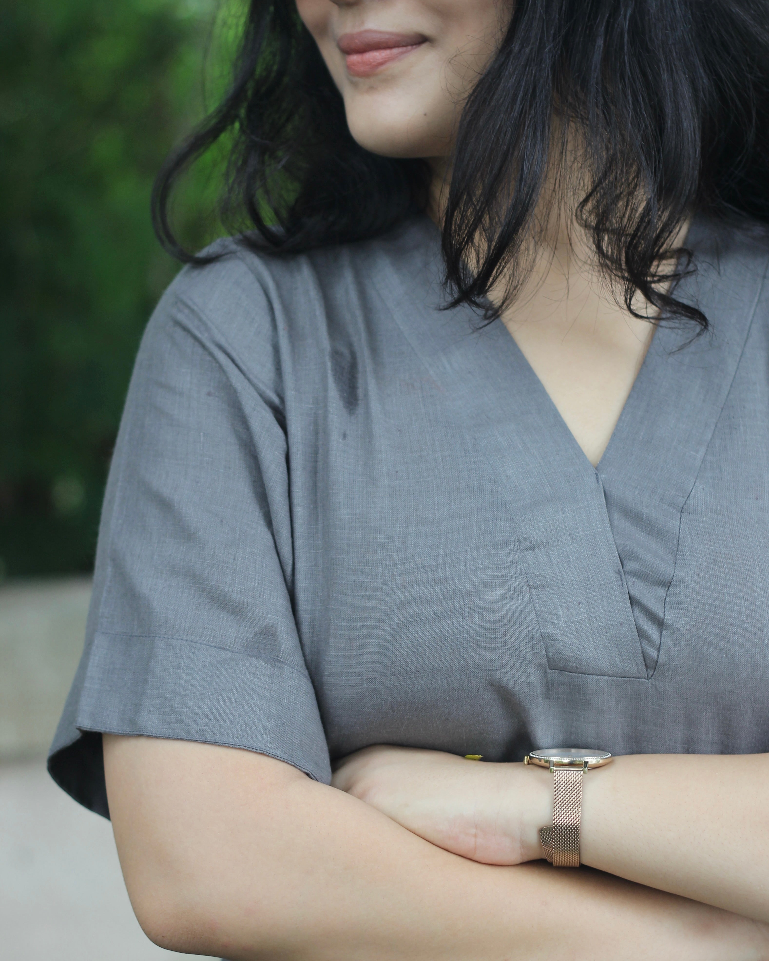 Premium Linen Charcoal Kurta Set - Classic V-Neck Kurta with Elbow-Length Sleeves, Long with Pockets, and Comfortable Pants