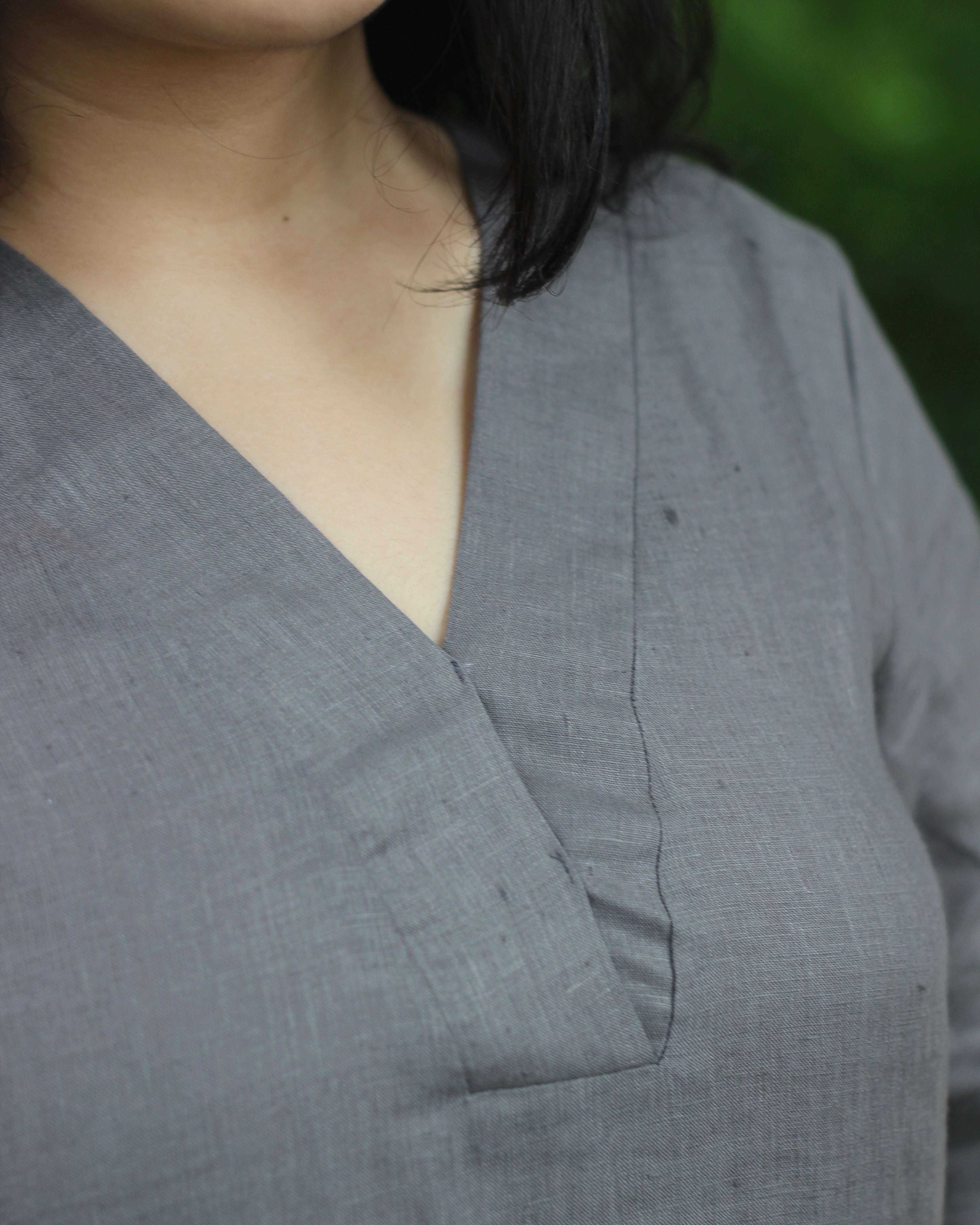 Premium Linen Charcoal Kurta Set - Classic V-Neck Kurta with Elbow-Length Sleeves, Long with Pockets, and Comfortable Pants