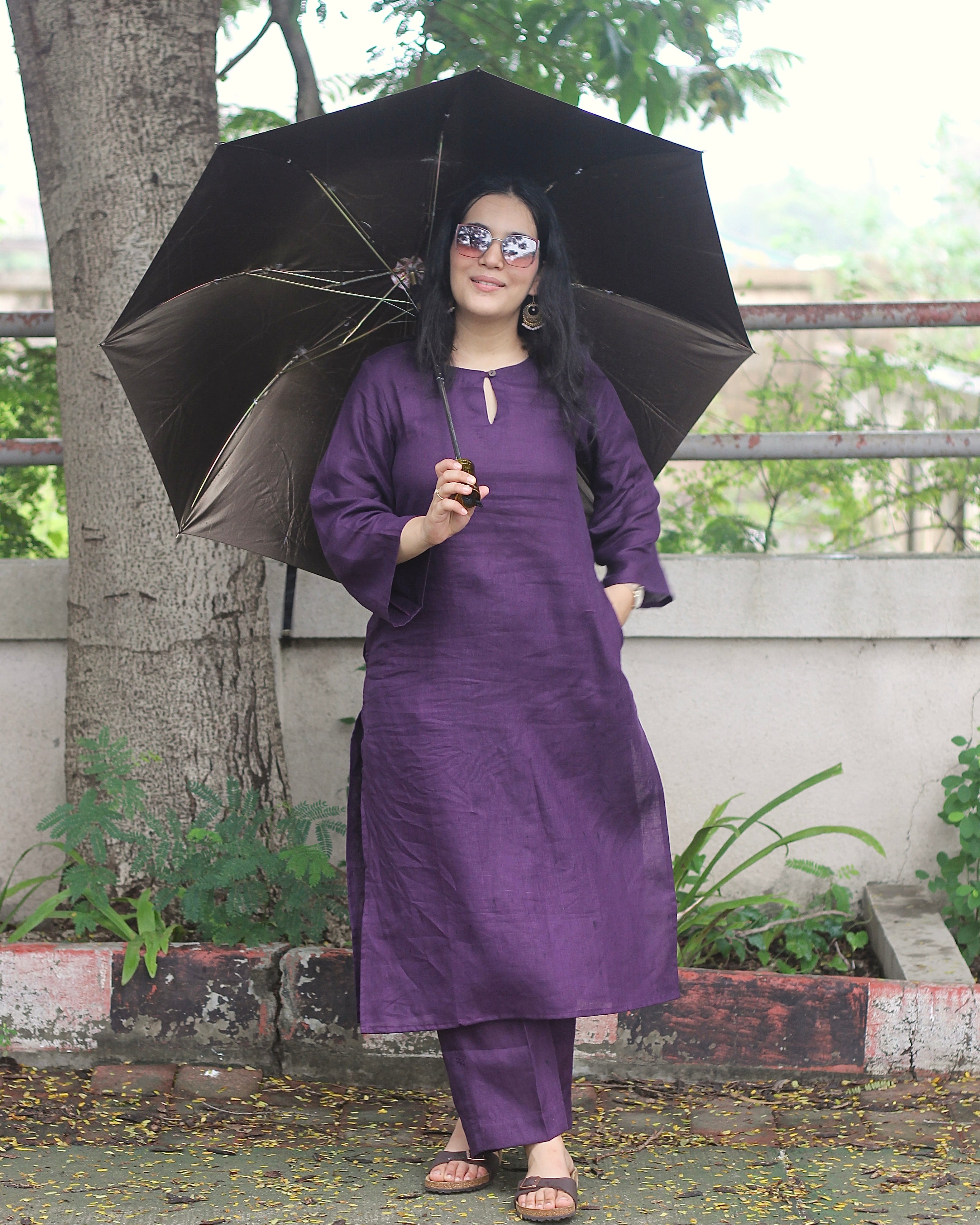 Dark purple premium linen kurta set