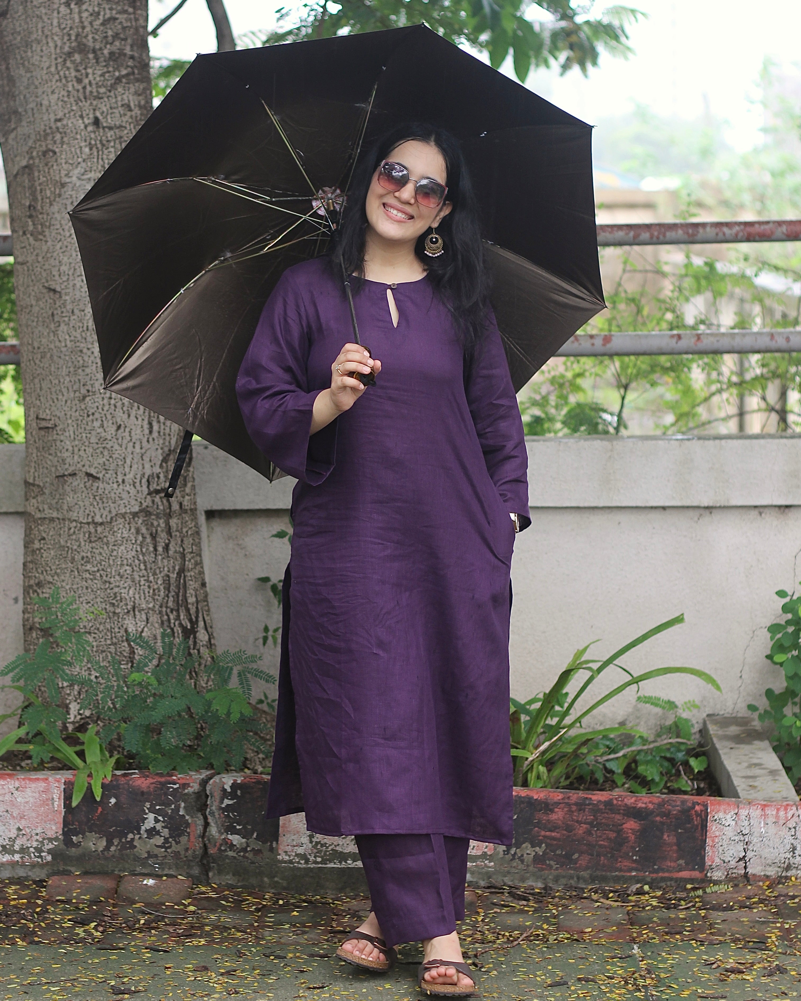 Dark purple premium linen kurta set