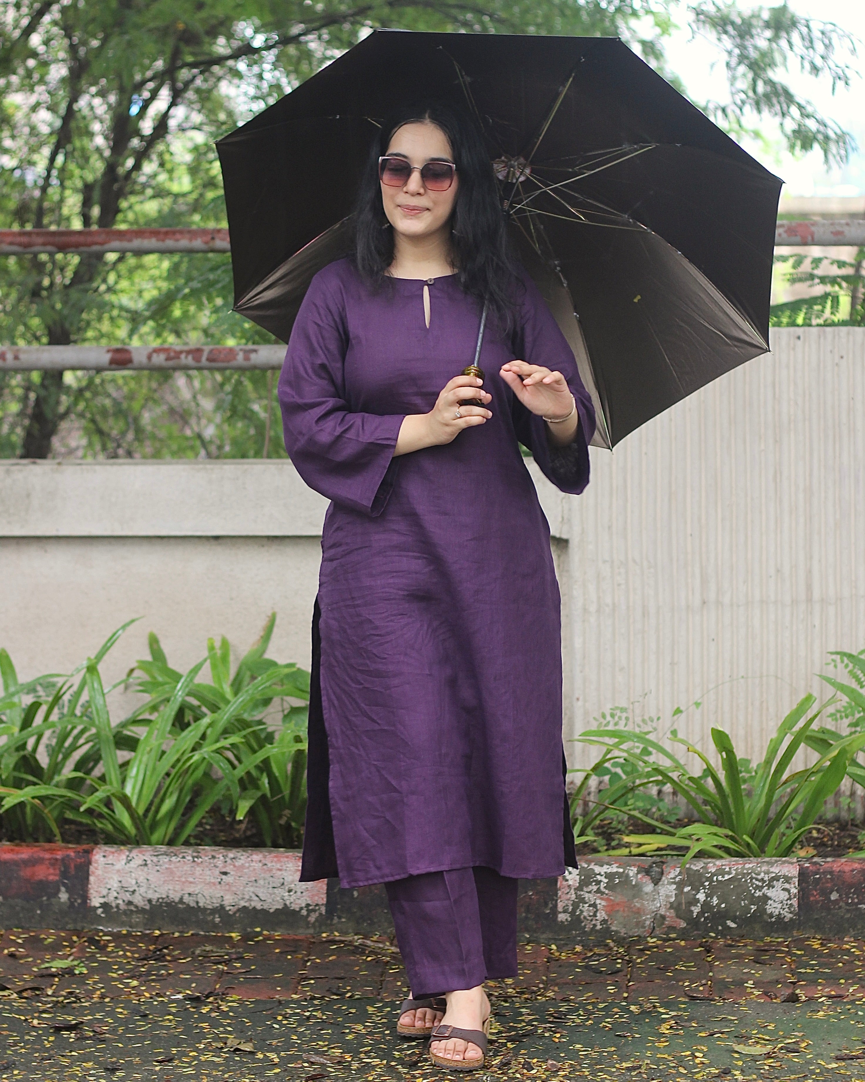 Dark purple premium linen kurta set 