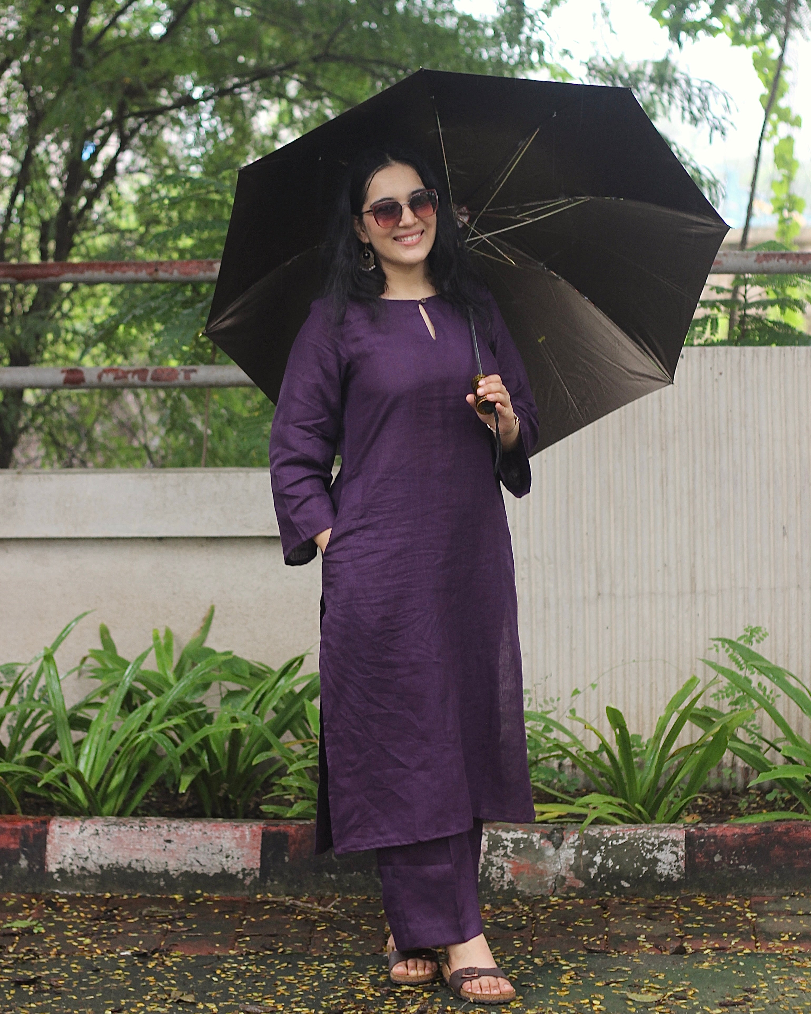 Dark purple premium linen kurta set 