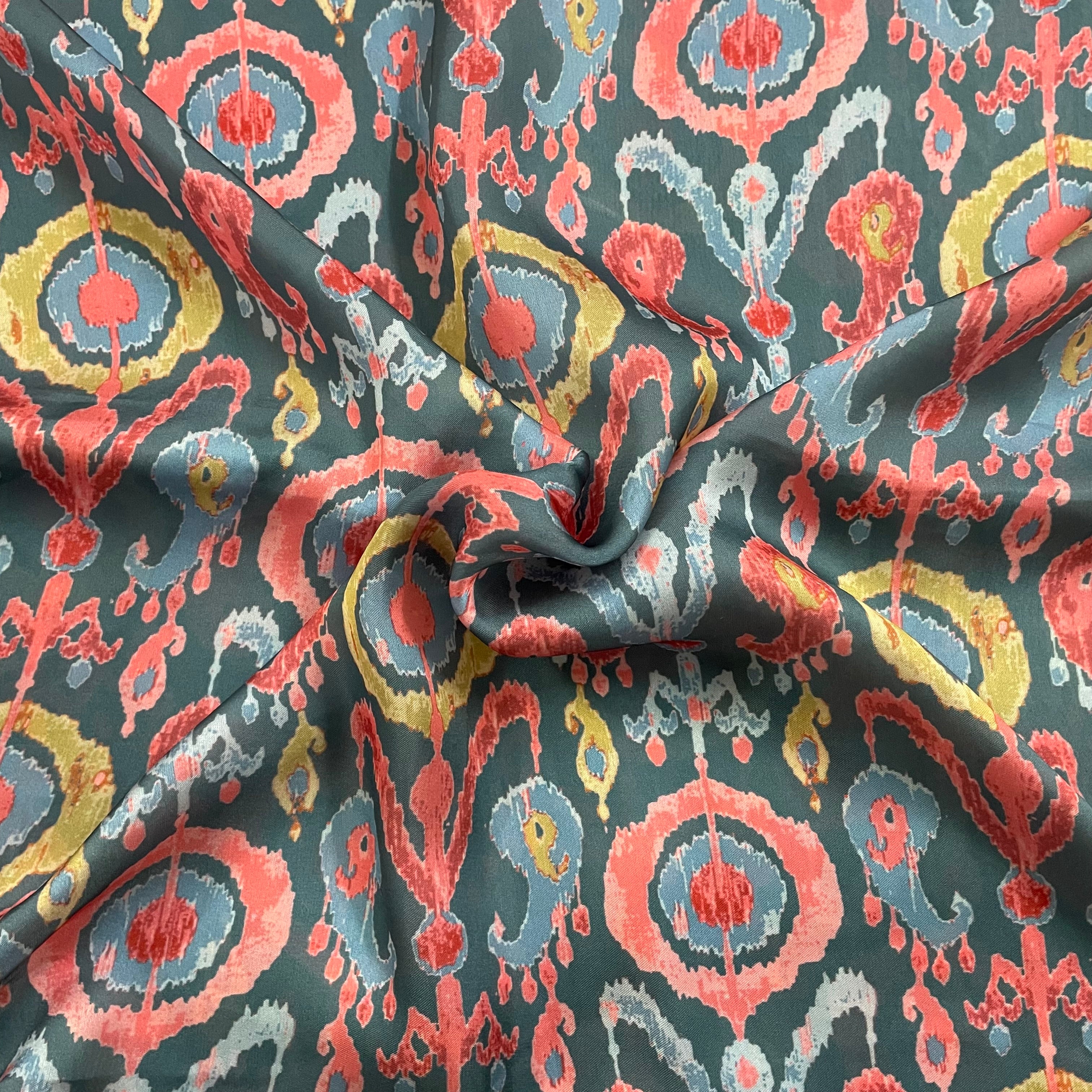 Grey contrast ikkat print on georgette satin fabric per meter