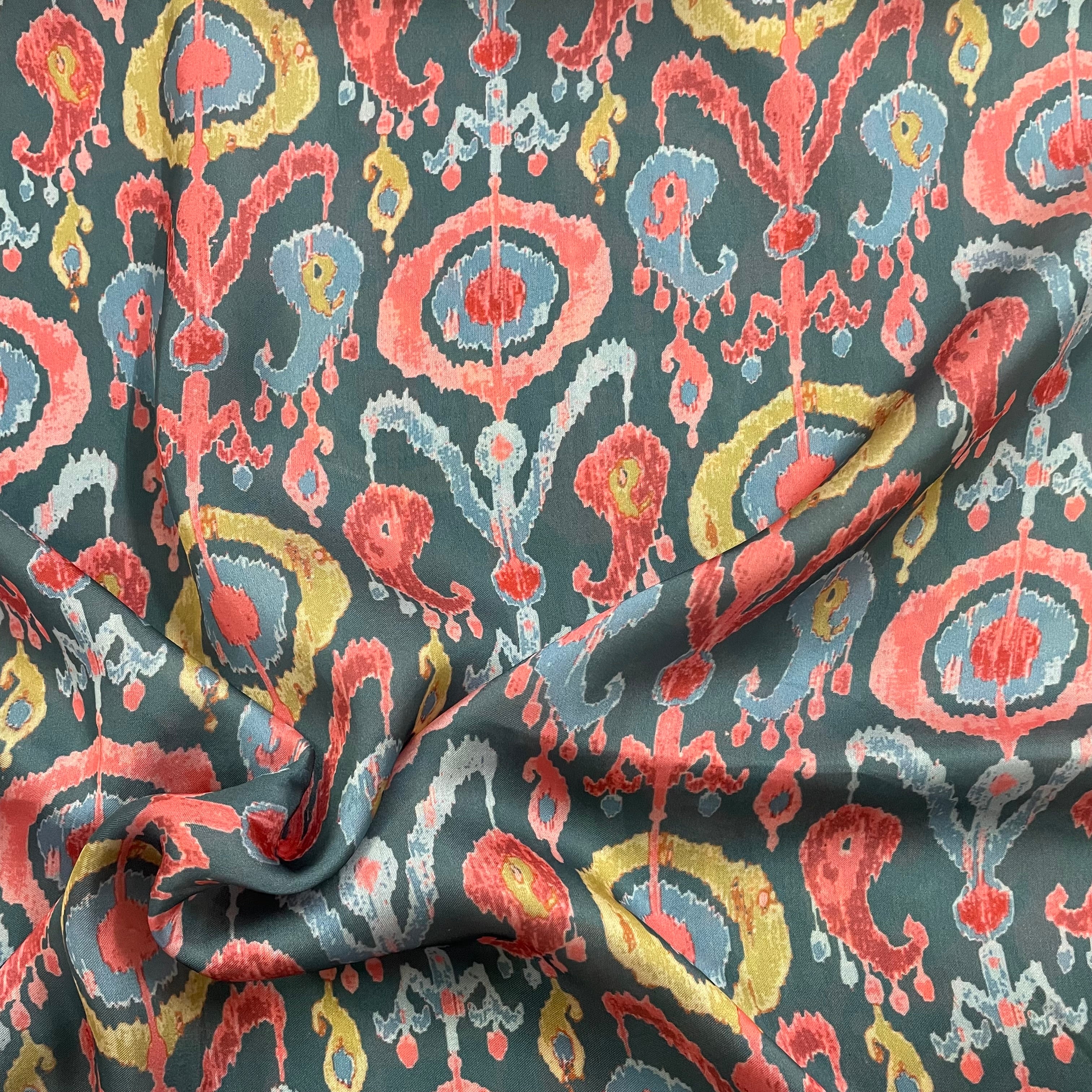 Grey contrast ikkat print on georgette satin fabric per meter