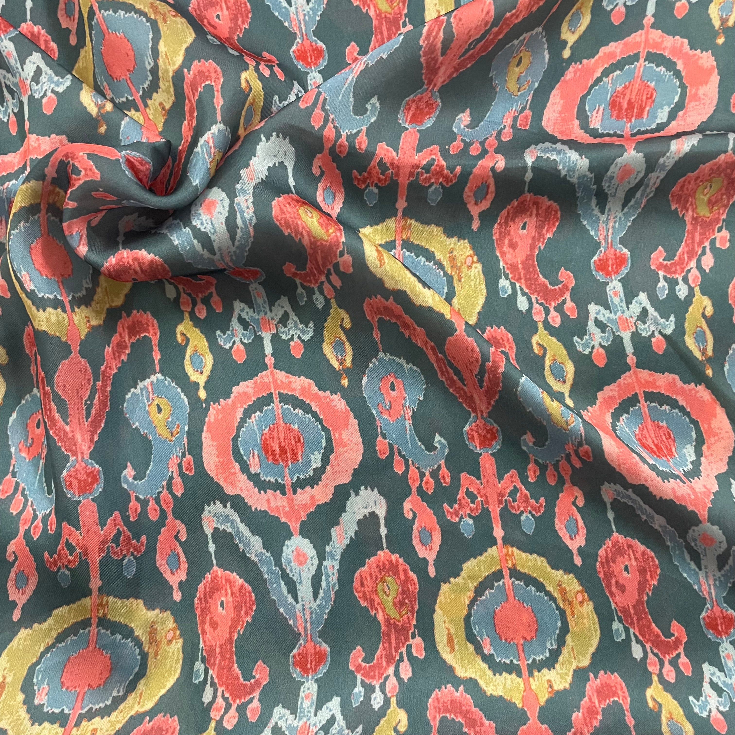 Grey contrast ikkat print on georgette satin fabric per meter