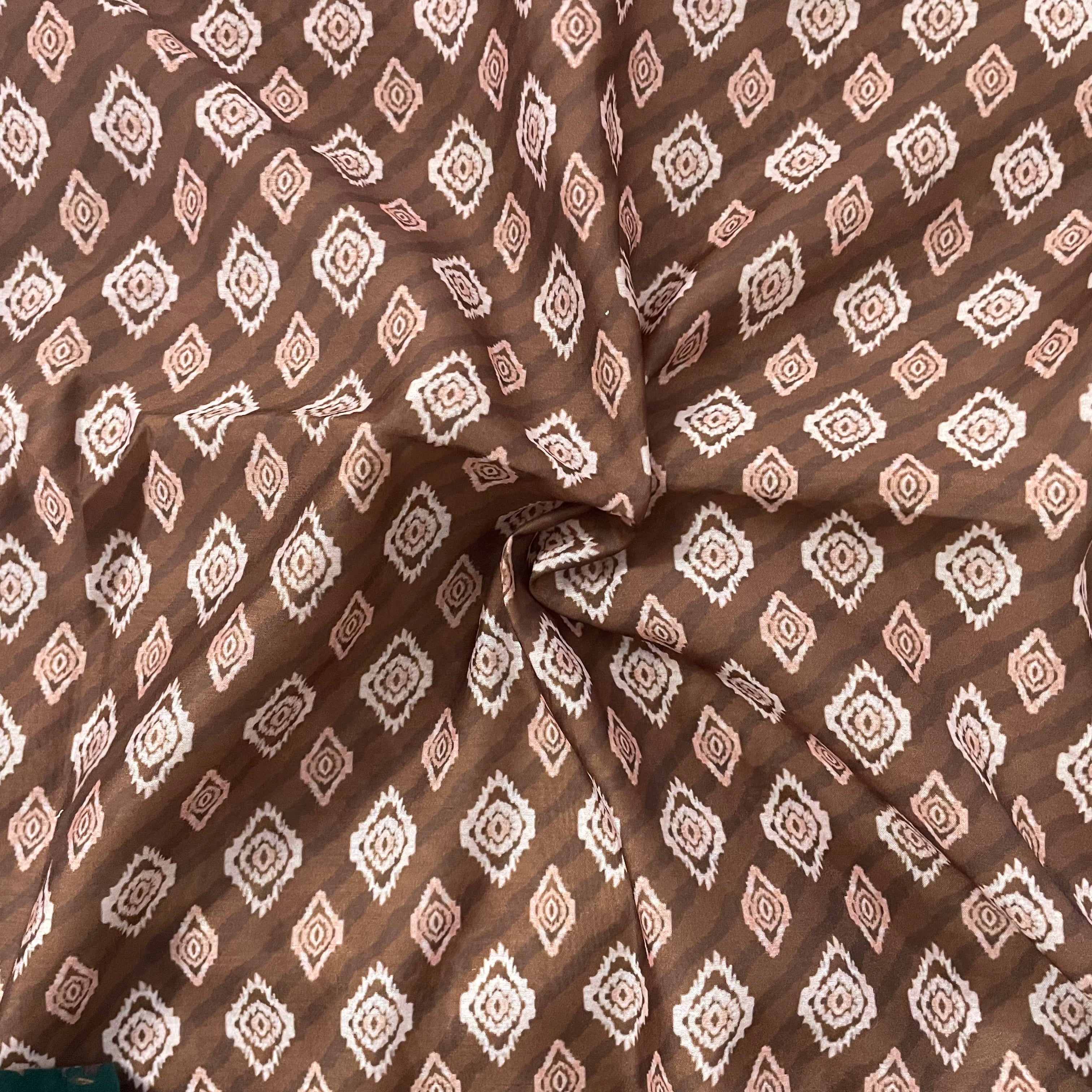 Small ikkat print on brown chanderi fabric per meter