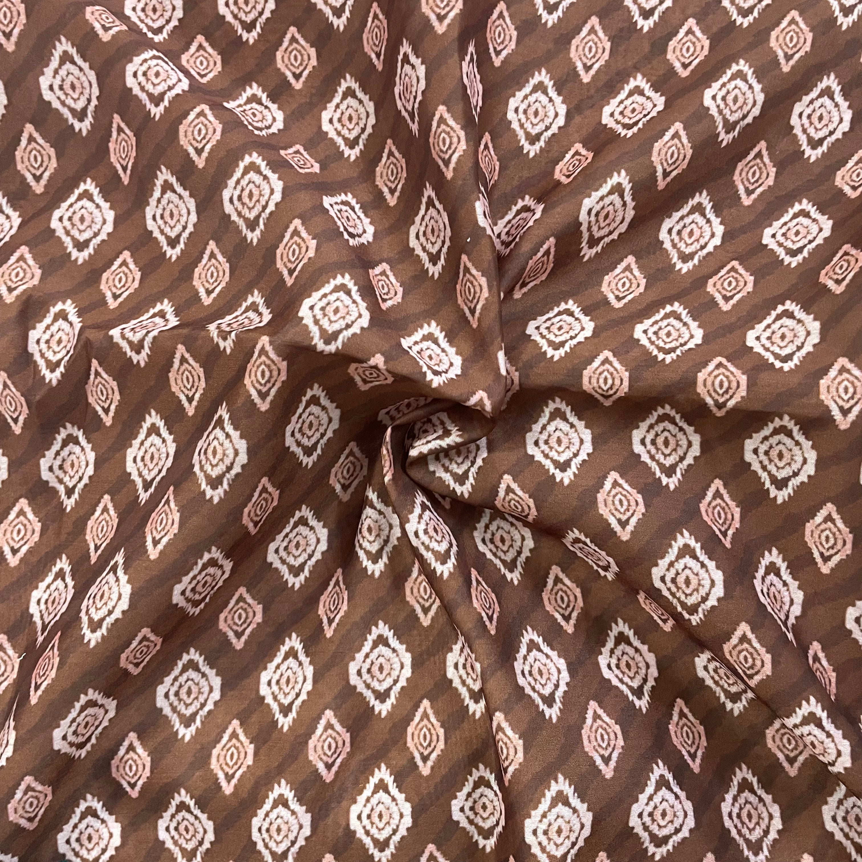 Small ikkat print on brown chanderi fabric per meter