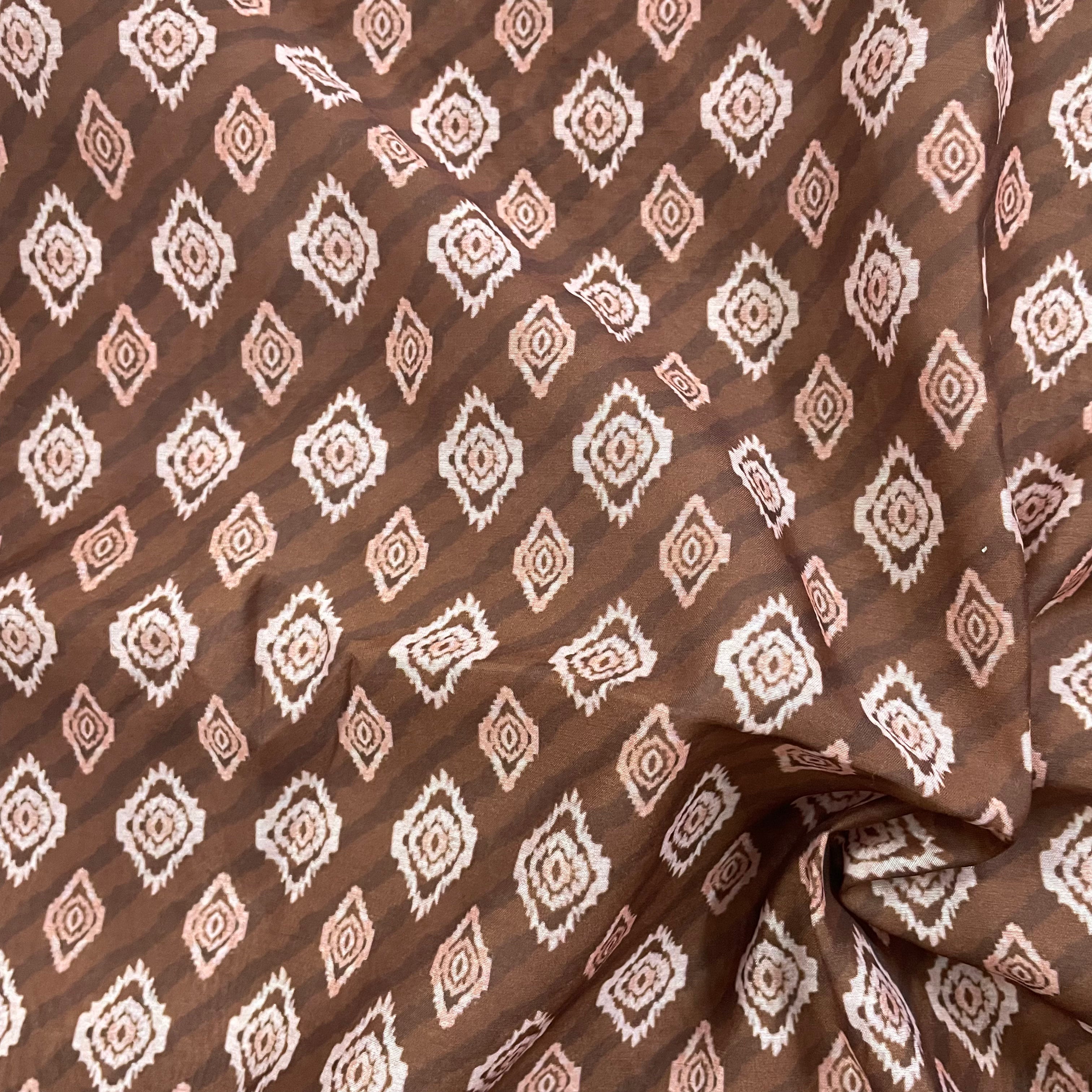 Small ikkat print on brown chanderi fabric per meter