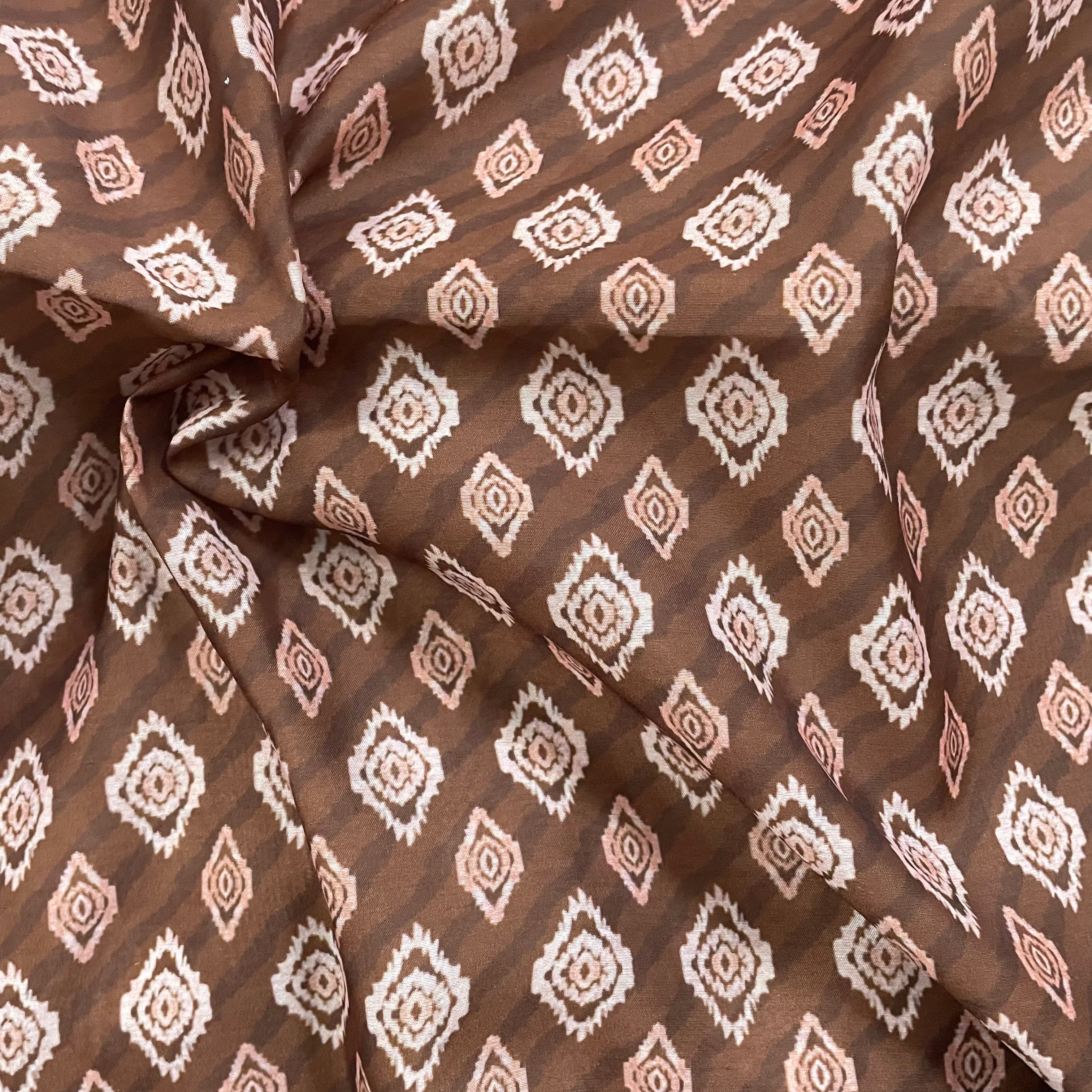 Small ikkat print on brown chanderi fabric per meter
