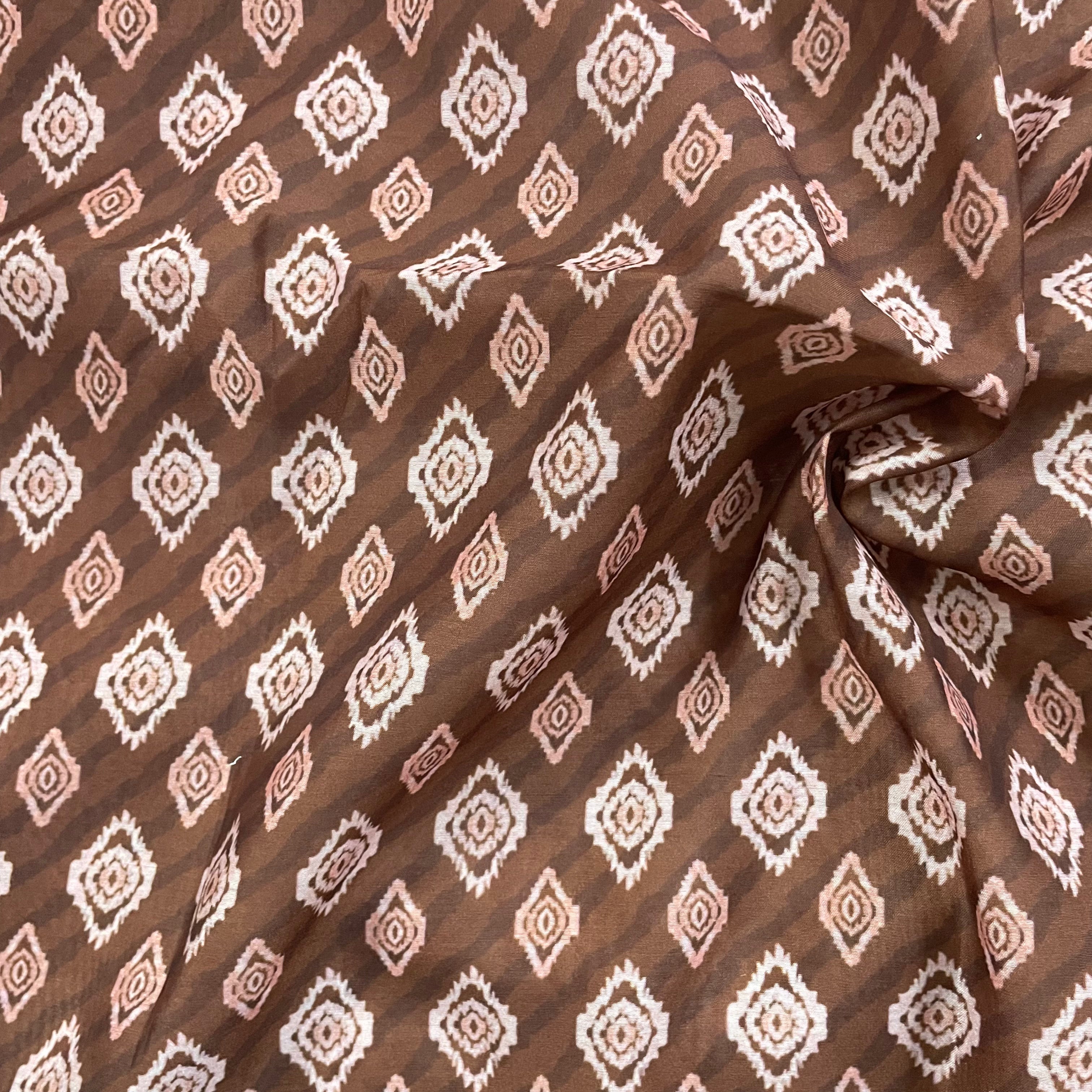 Small ikkat print on brown chanderi fabric per meter