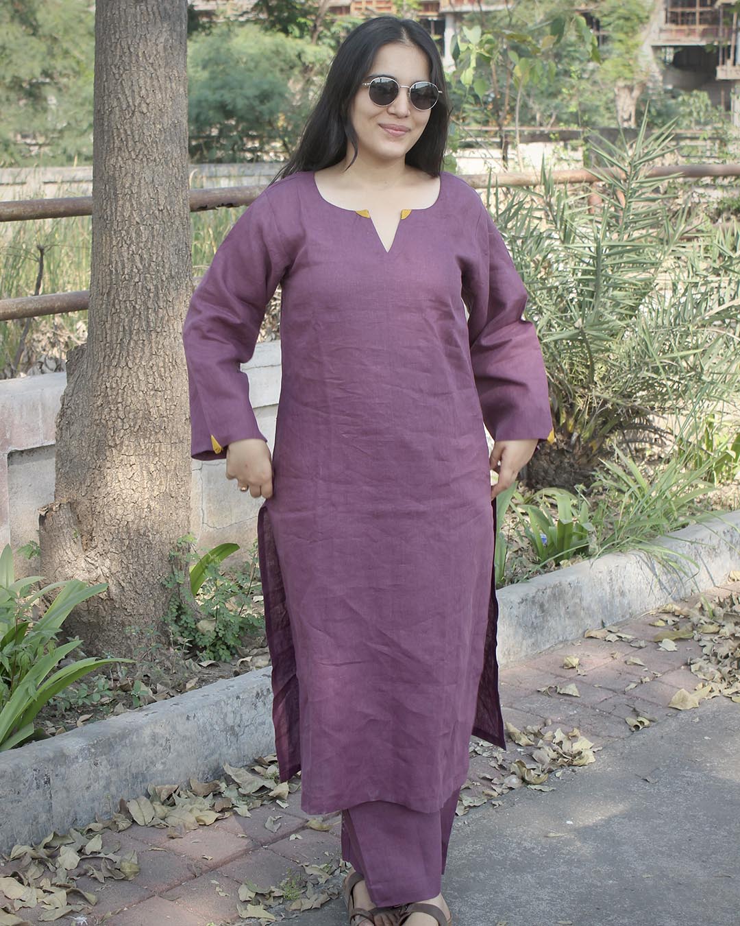 Plum Premium Linen kurta set with Handwork detail