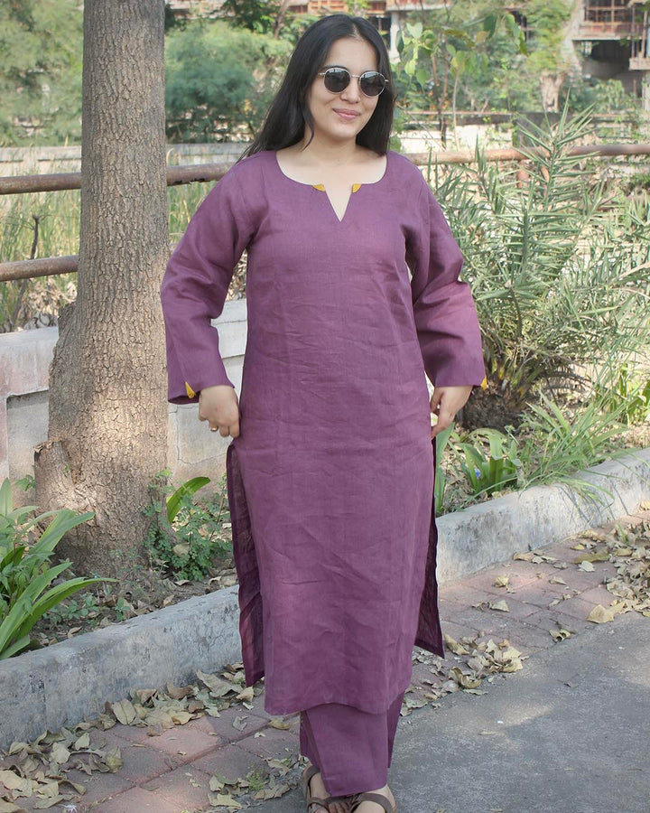 Plum Premium Linen kurta set with Handwork detail