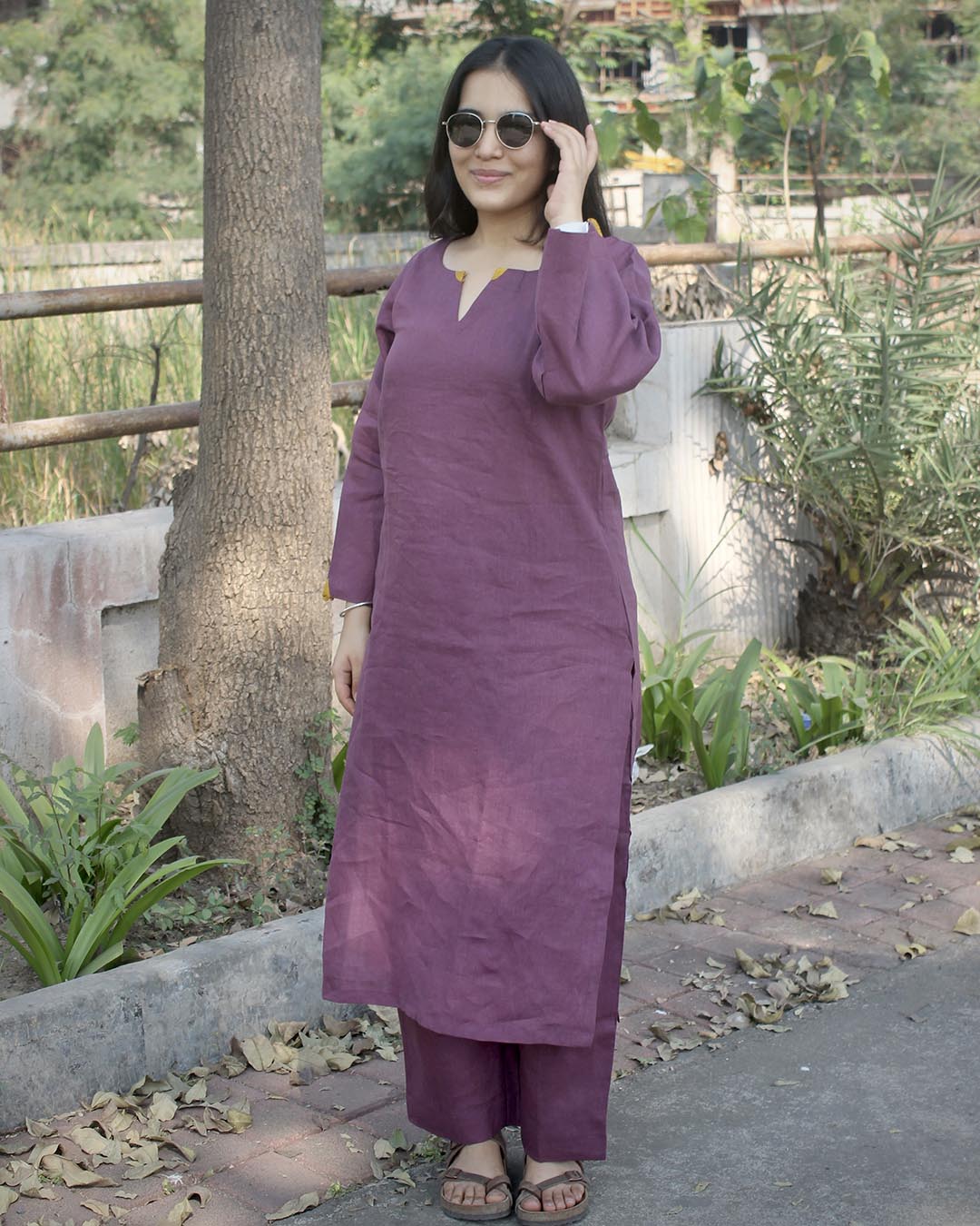 Plum Premium Linen kurta set with Handwork detail