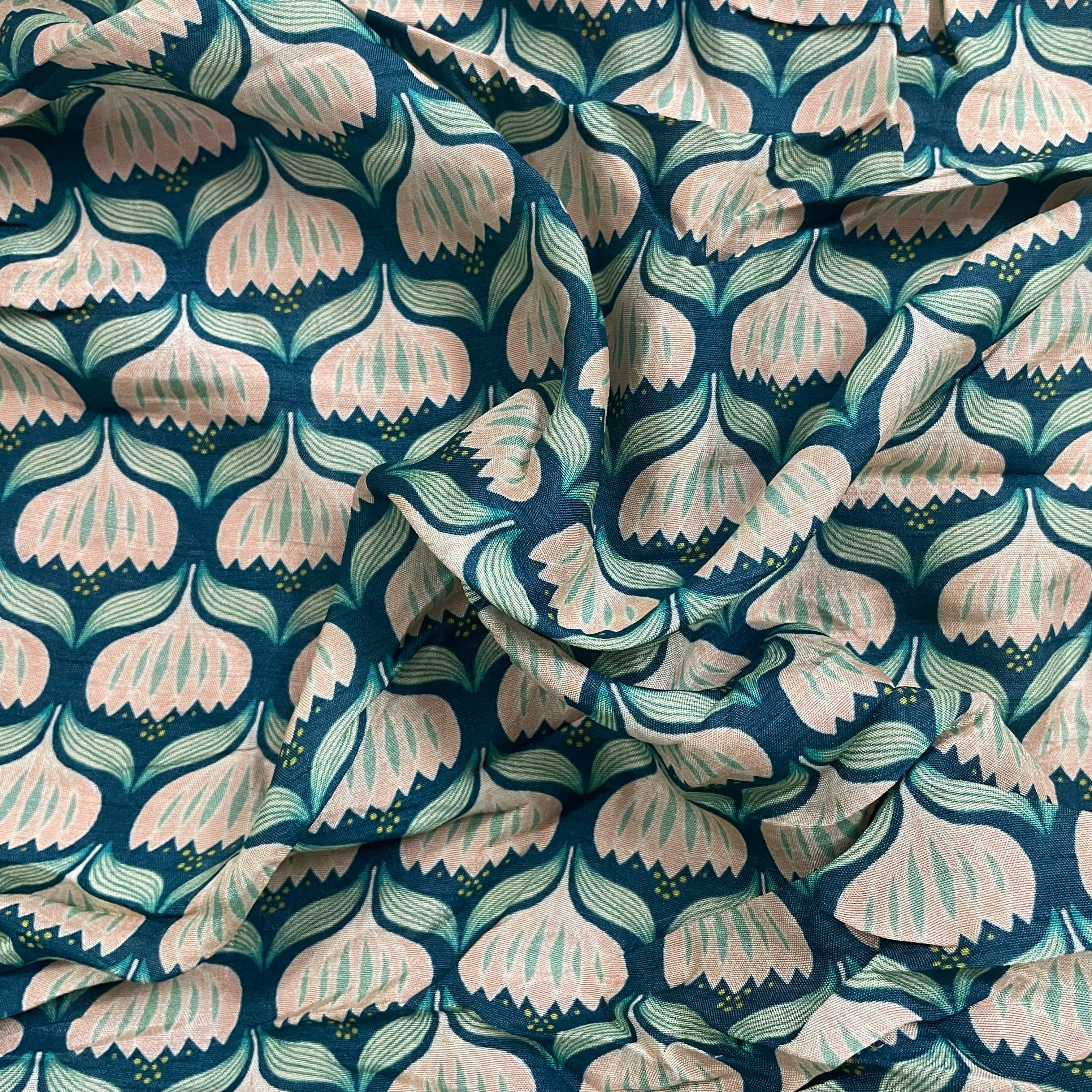Abstract print on teal shade pure muslin fabric per meter- 58 width