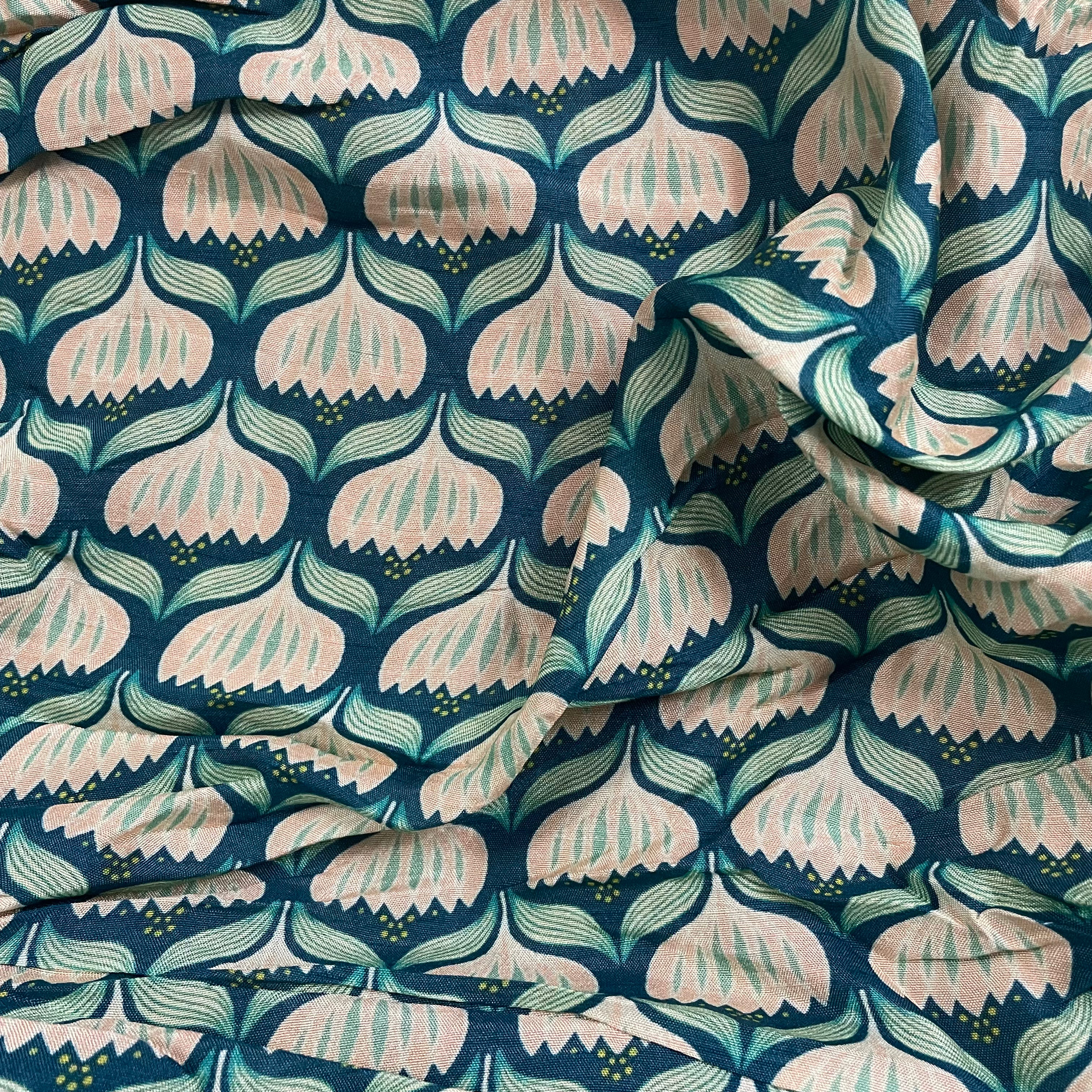Abstract print on teal shade pure muslin fabric per meter- 58 width