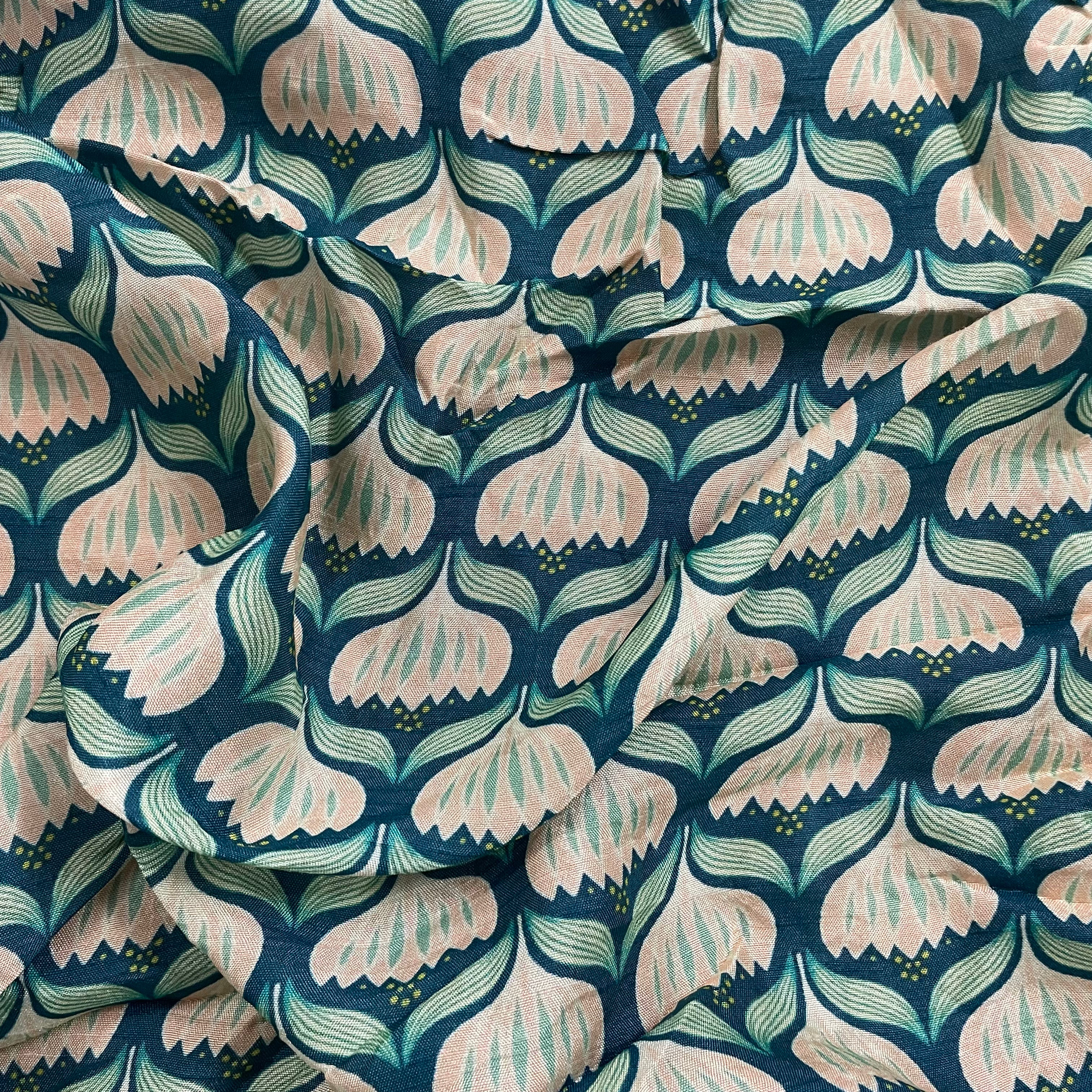 Abstract print on teal shade pure muslin fabric per meter- 58 width
