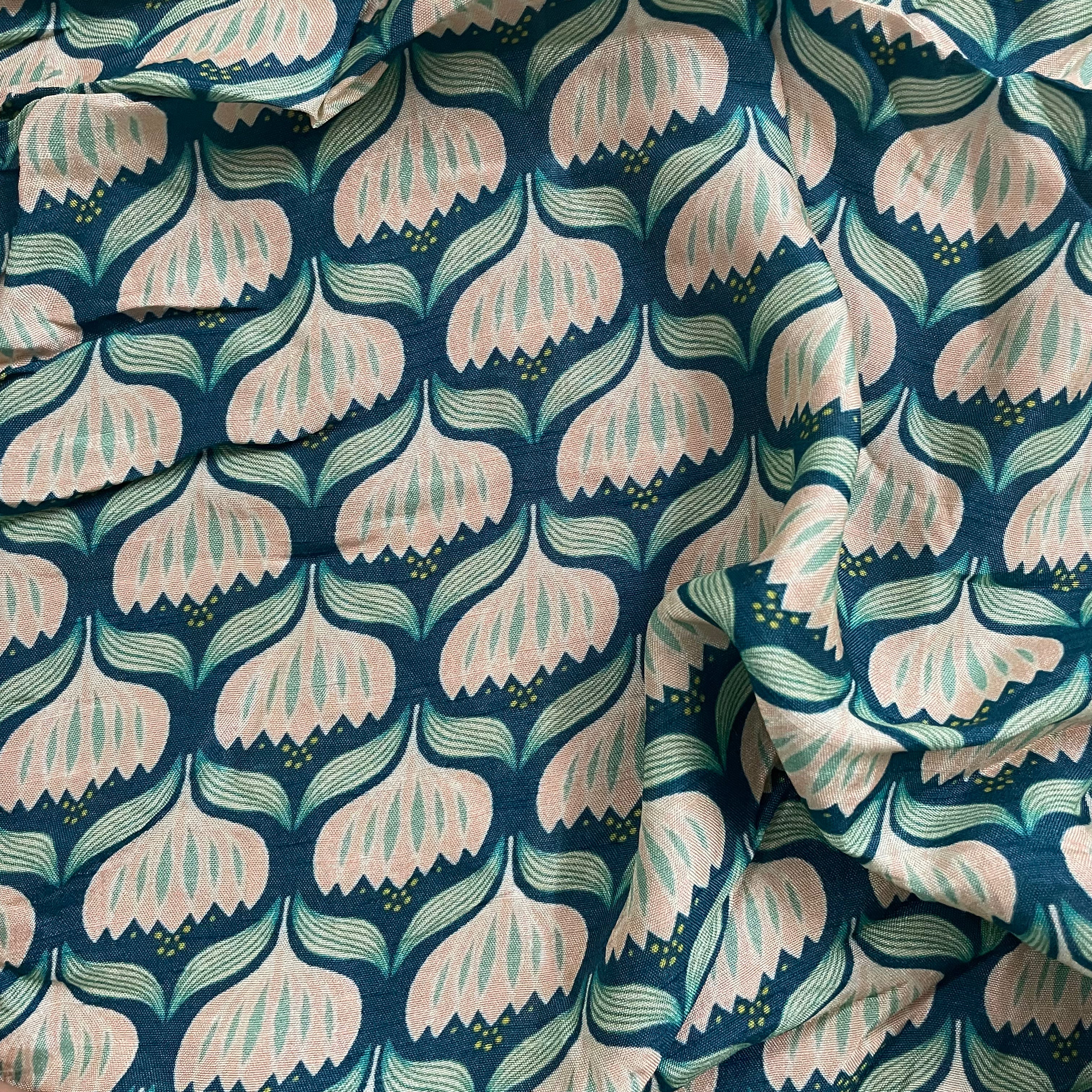 Abstract print on teal shade pure muslin fabric per meter- 58 width