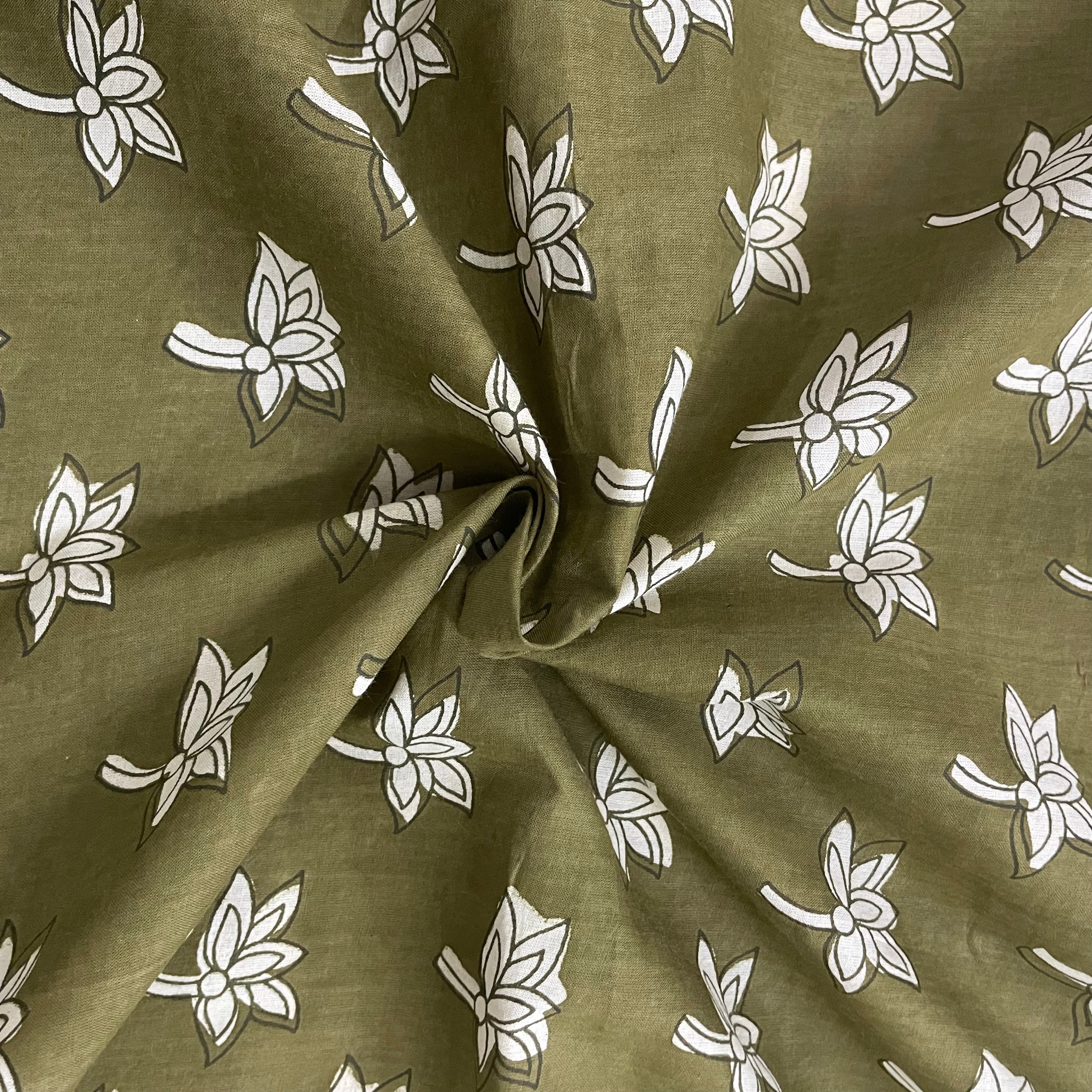 Dusty green leaf print pure cotton fabric per meter