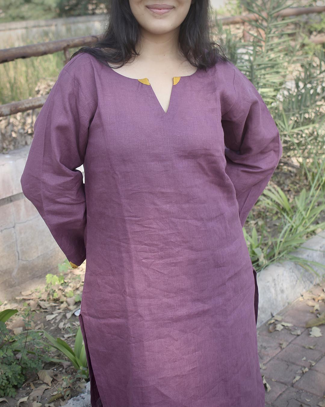 Plum Premium Linen kurta set with Handwork detail
