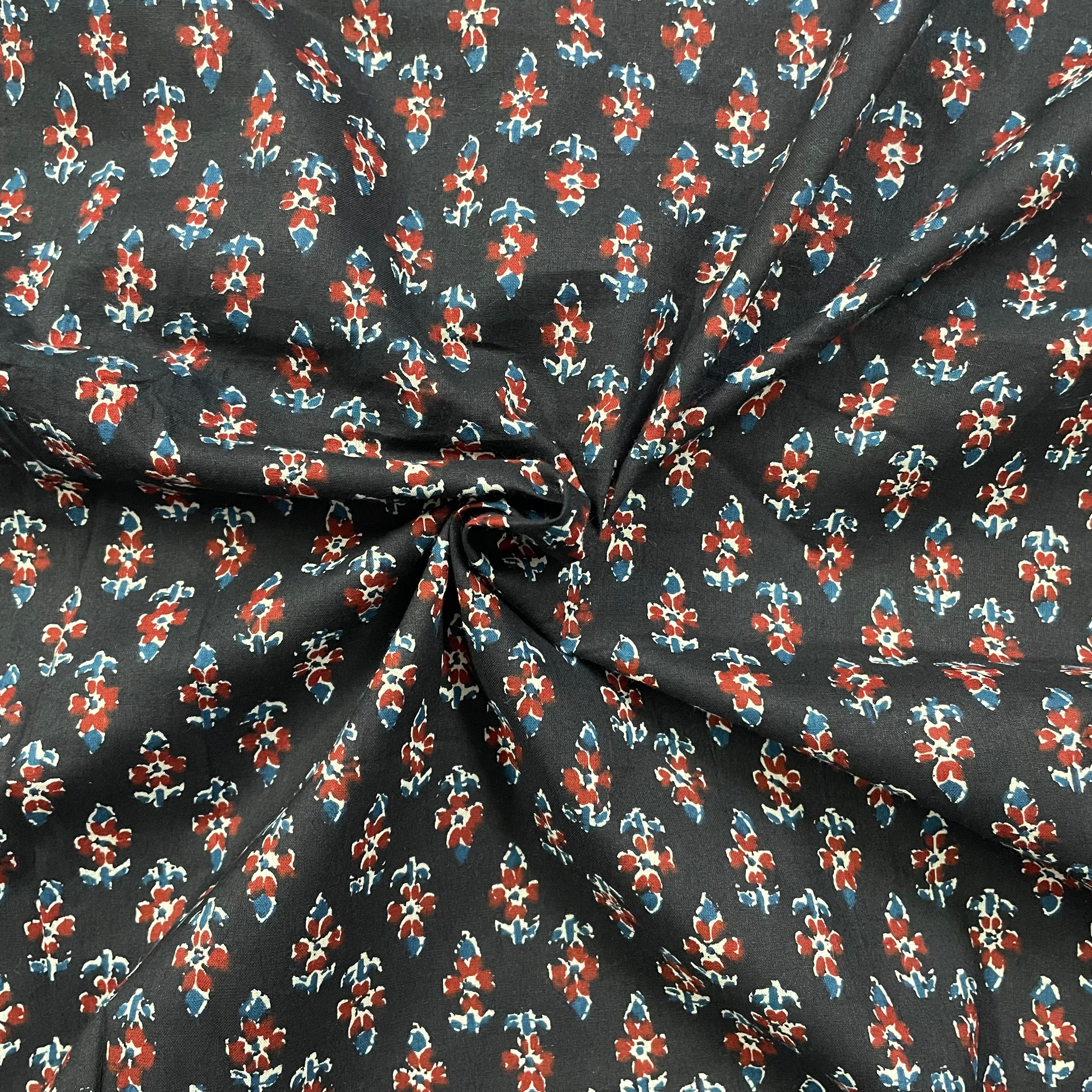 Small booti print on black pure cotton fabric per meter