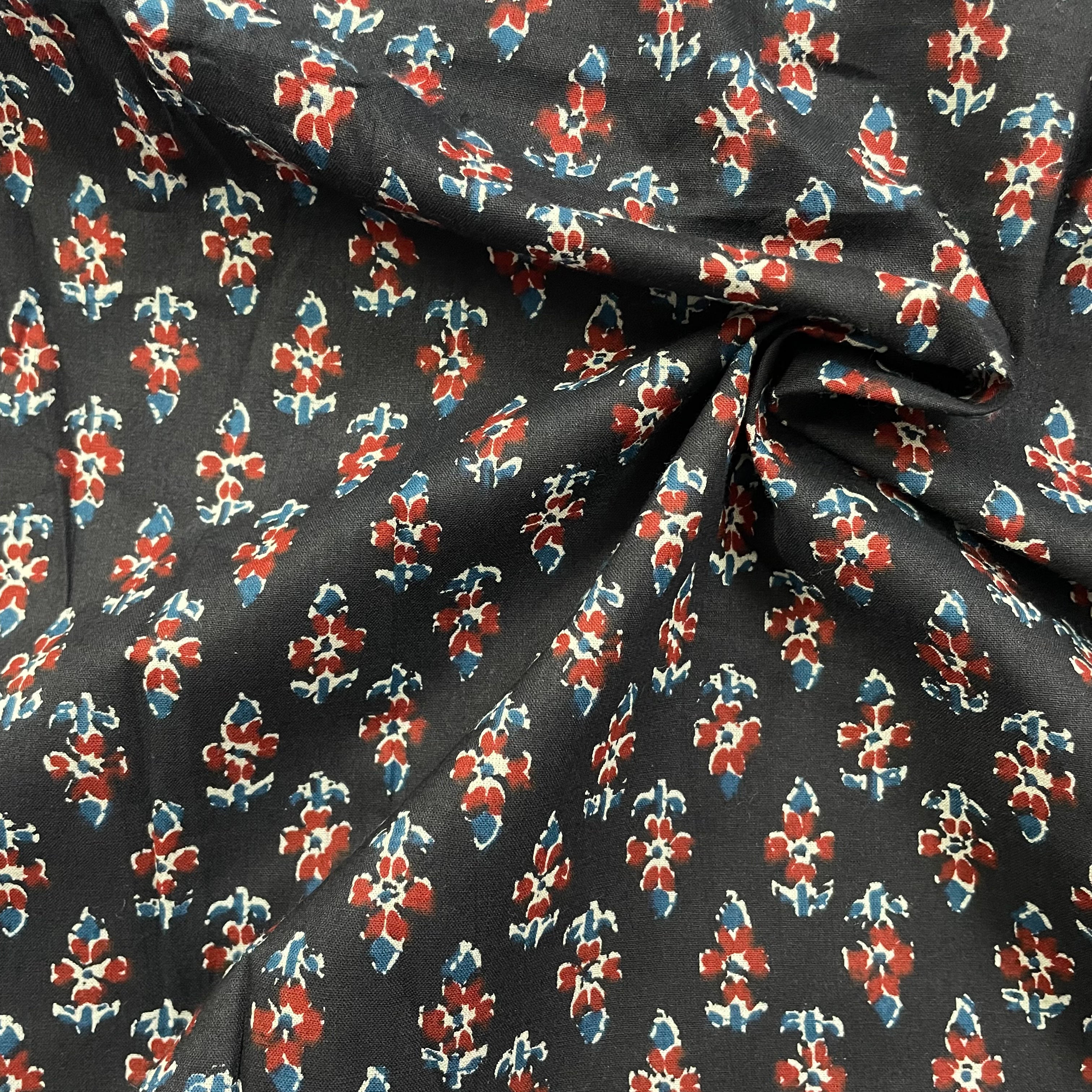 Small booti print on black pure cotton fabric per meter