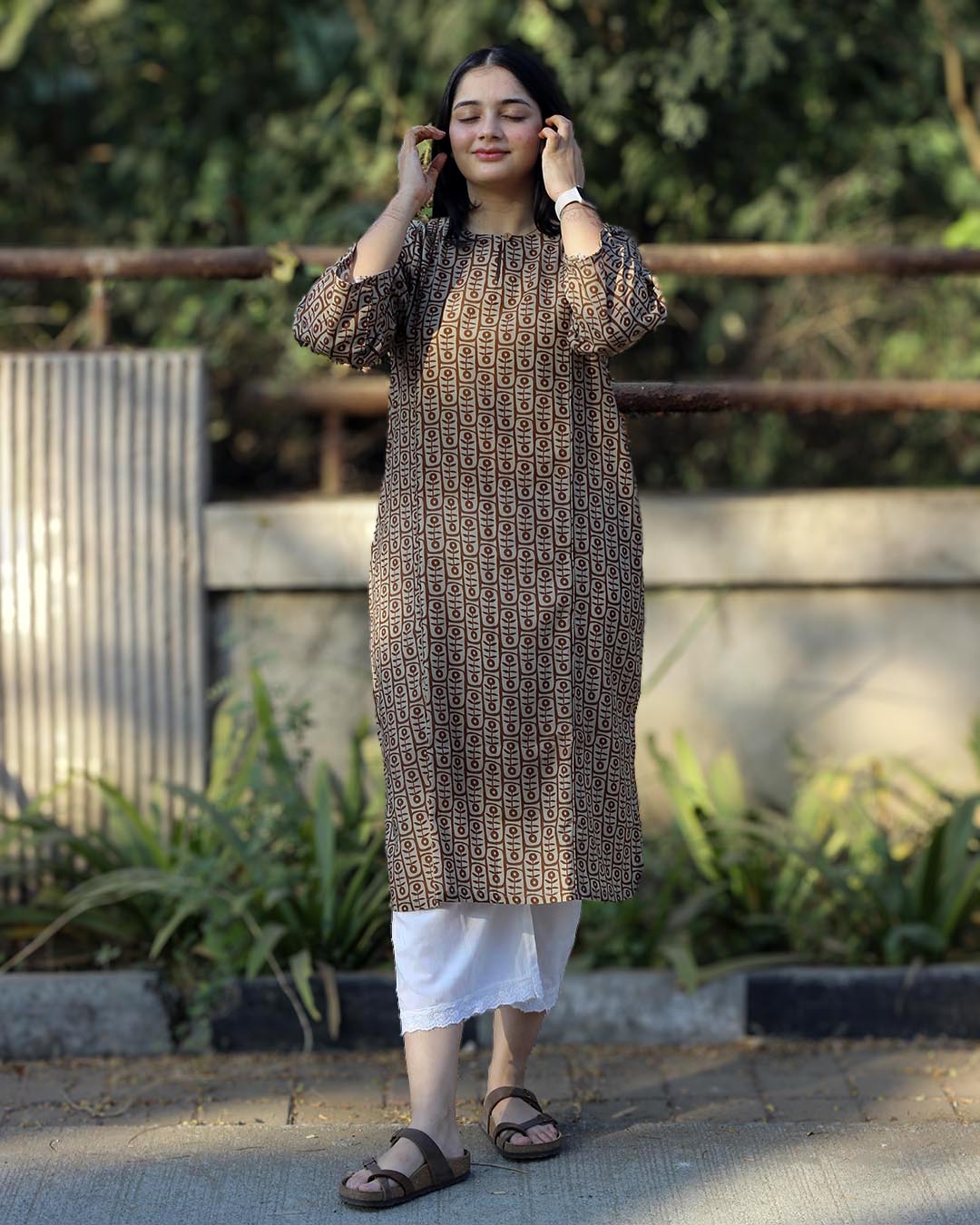 Earthy printed Long Kurta in Pure cotton