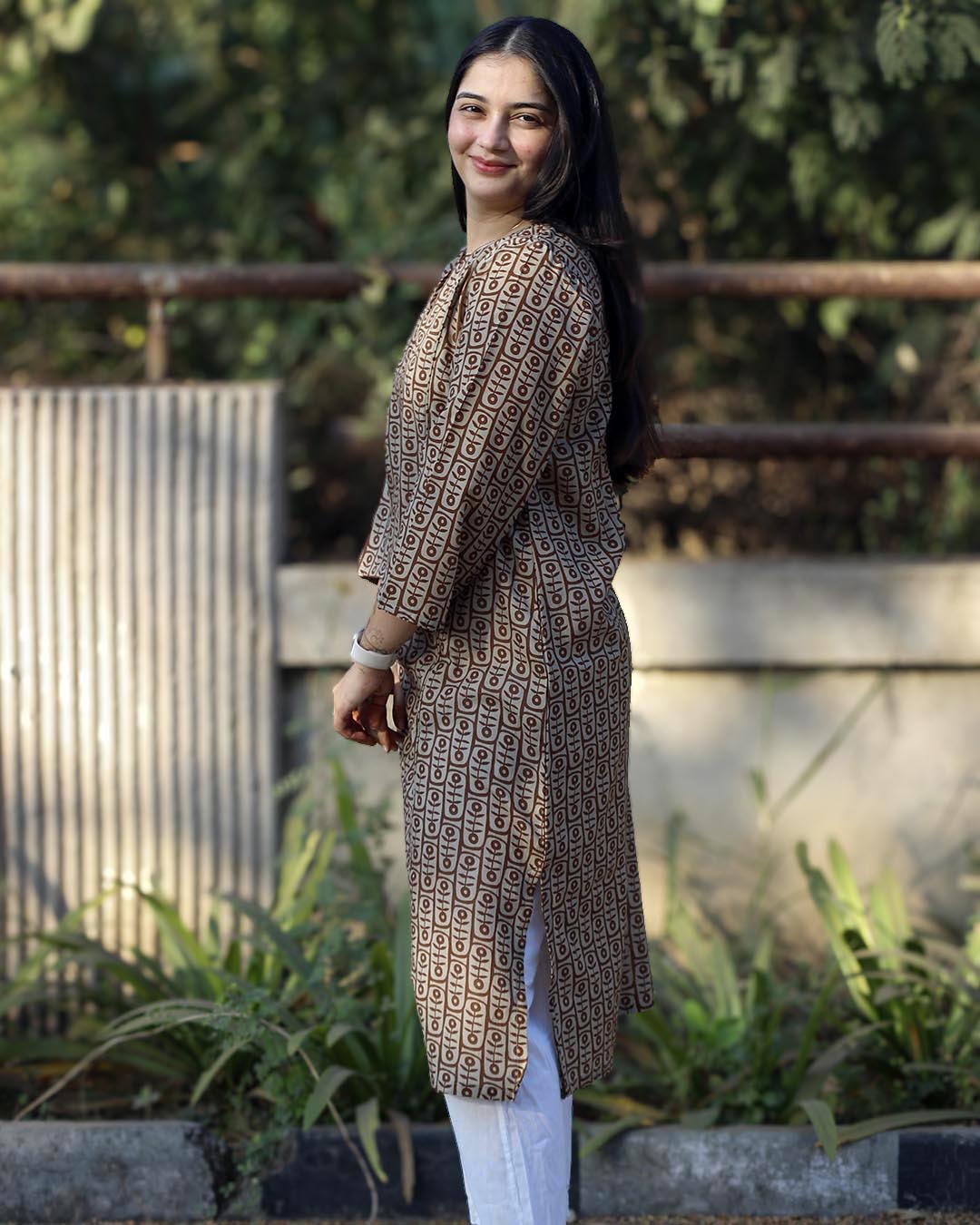 Earthy printed Long Kurta in Pure cotton