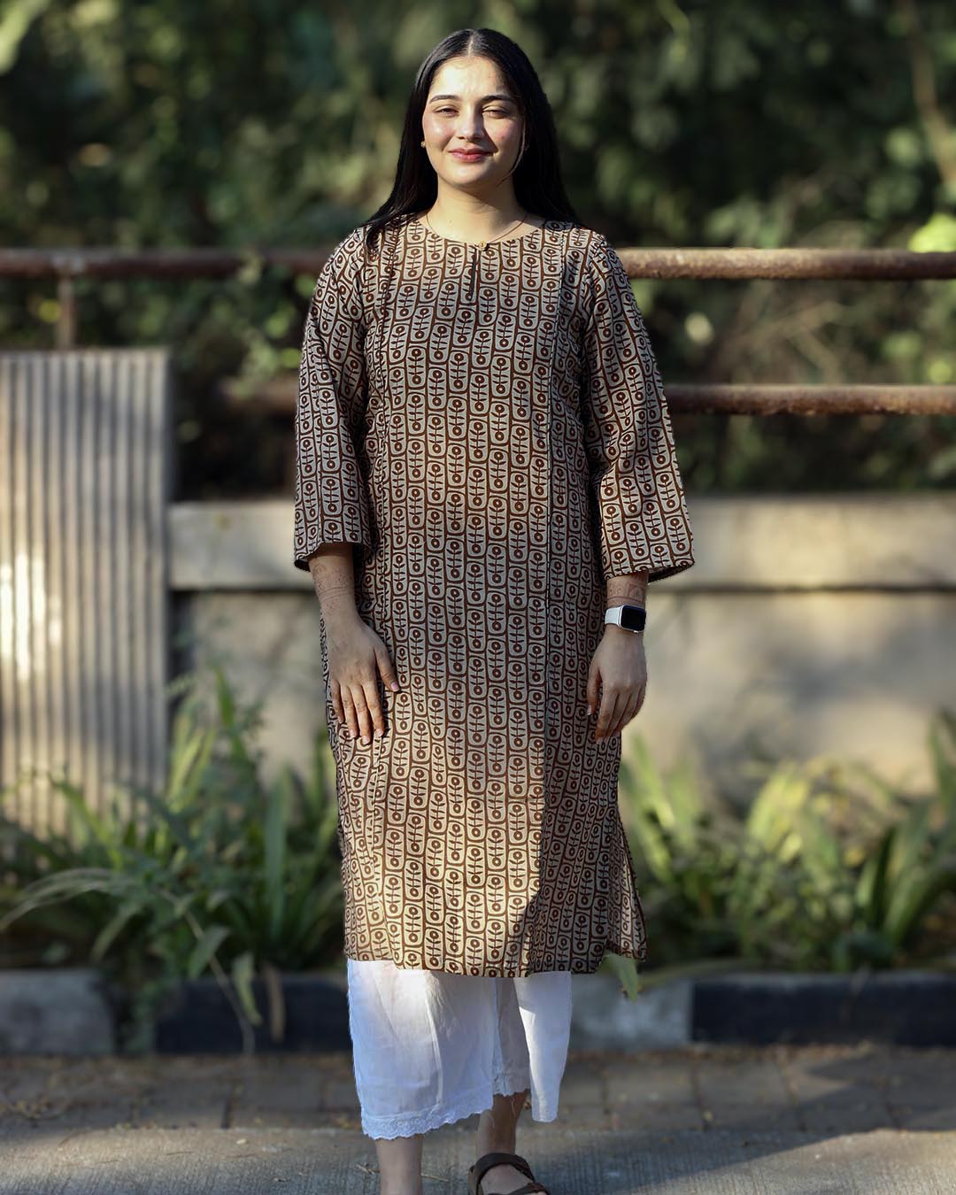 Earthy printed Long Kurta in Pure cotton