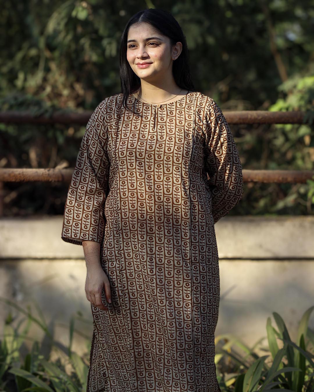 Earthy printed Long Kurta in Pure cotton