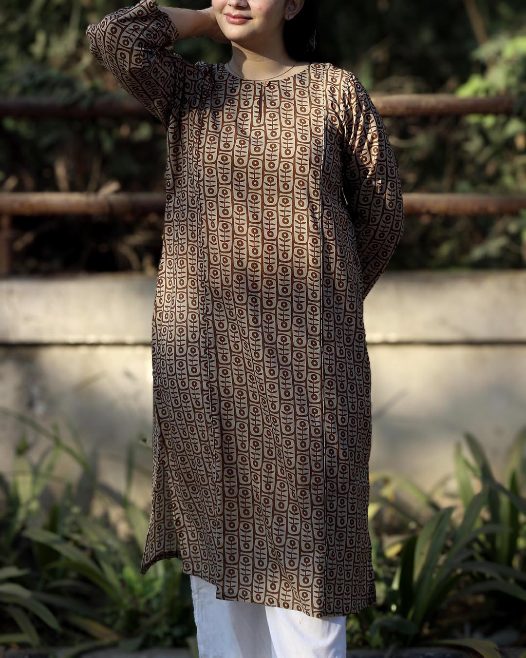 Earthy printed Long Kurta in Pure cotton